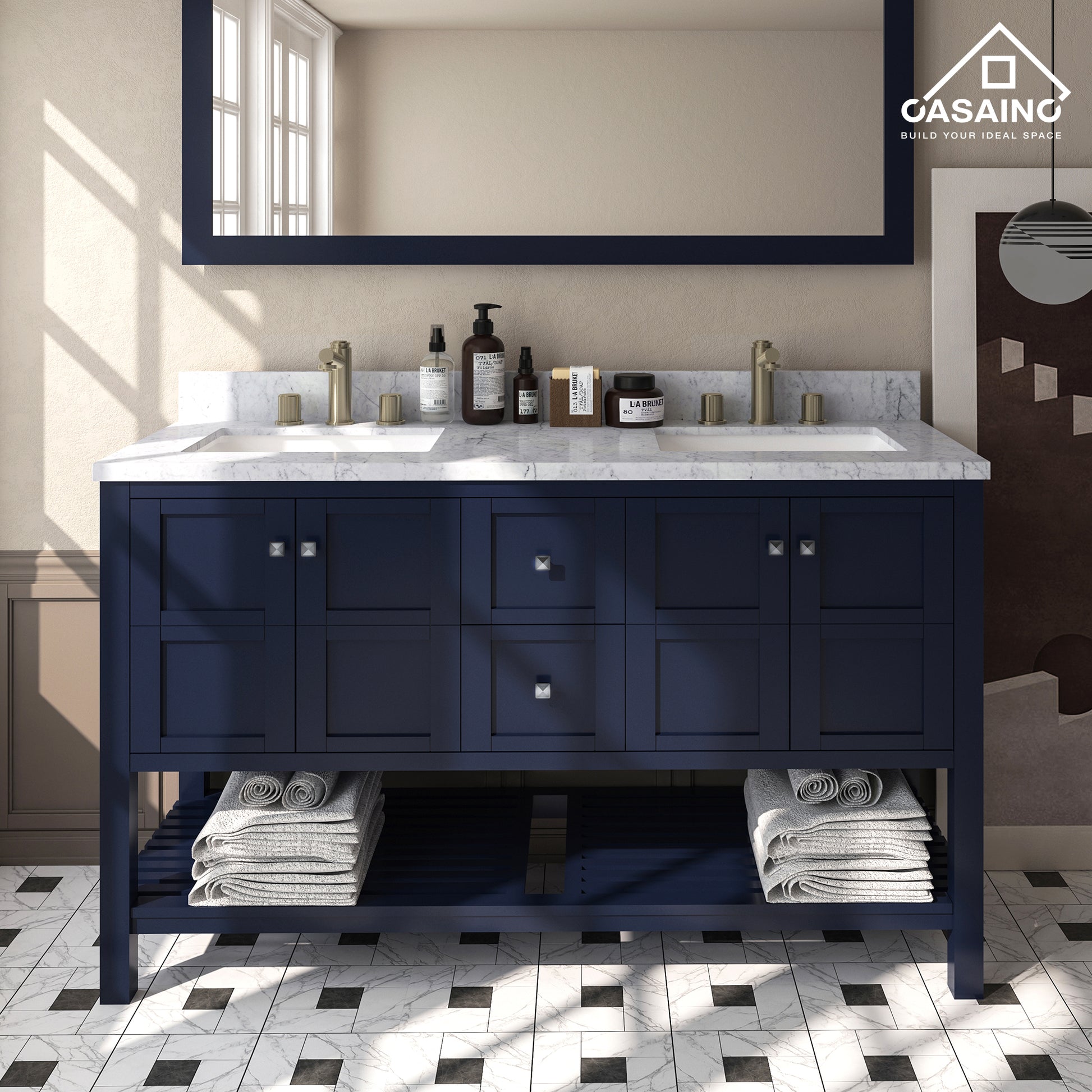 60 in. W x 22 in. D x 35.4 in. H Bath Vanity in Navy Blue with White Top and Basin