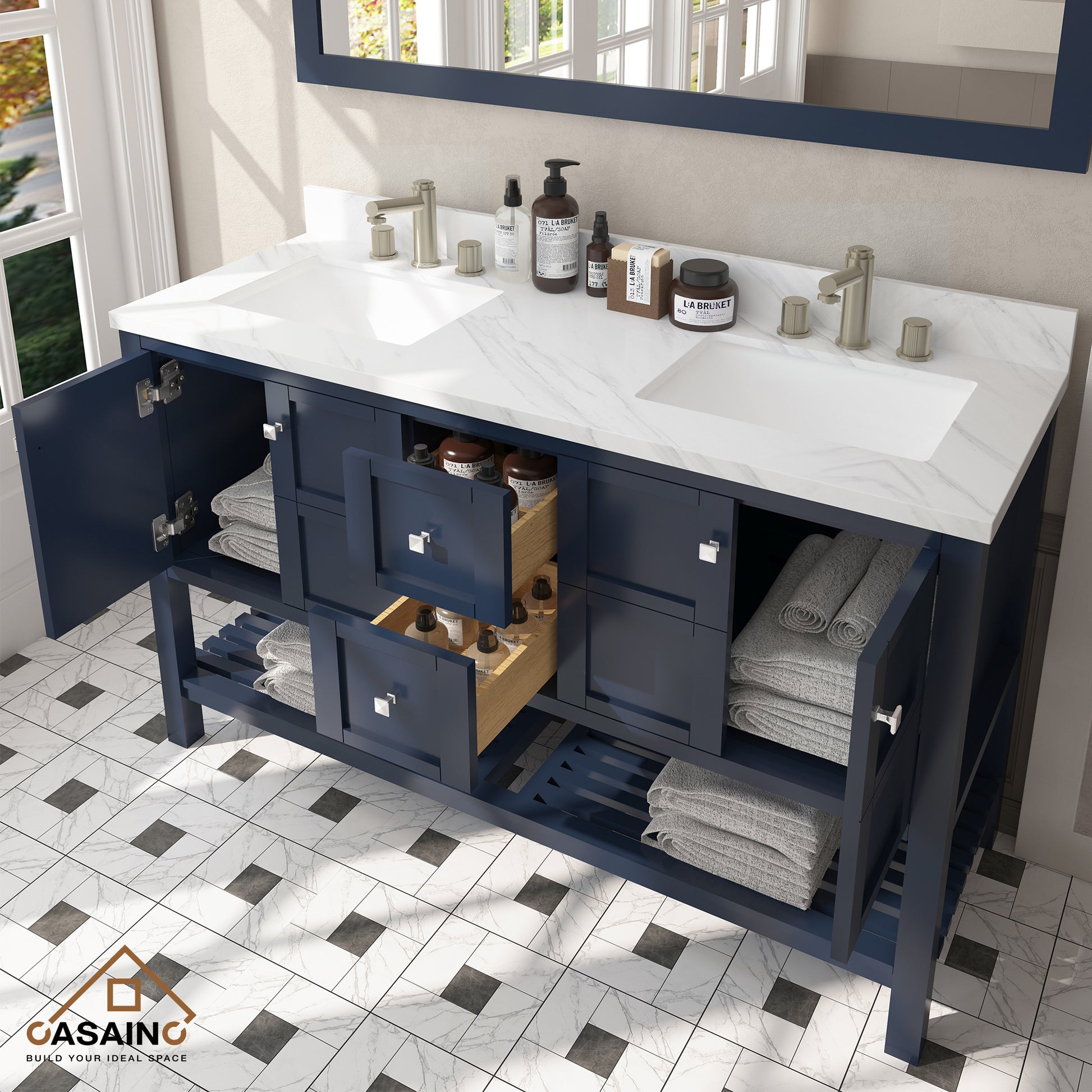 60 in. W x 22 in. D x 35.4 in. H Bath Vanity in Navy Blue with White Top and Basin