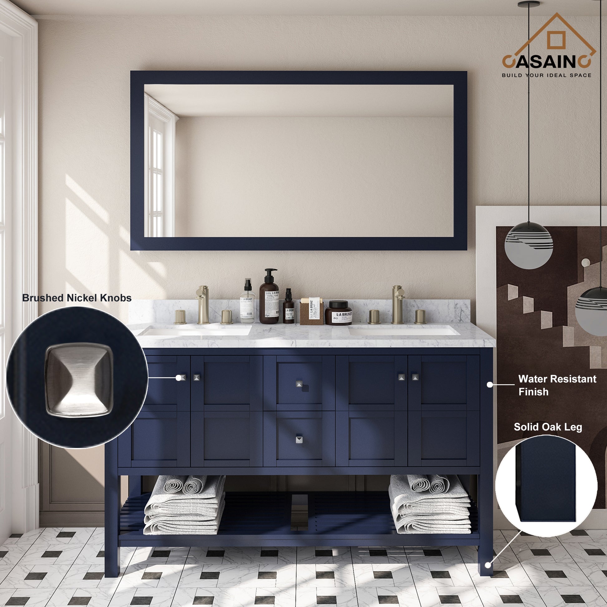 60 in. W x 22 in. D x 35.4 in. H Bath Vanity in Navy Blue with White Top and Basin