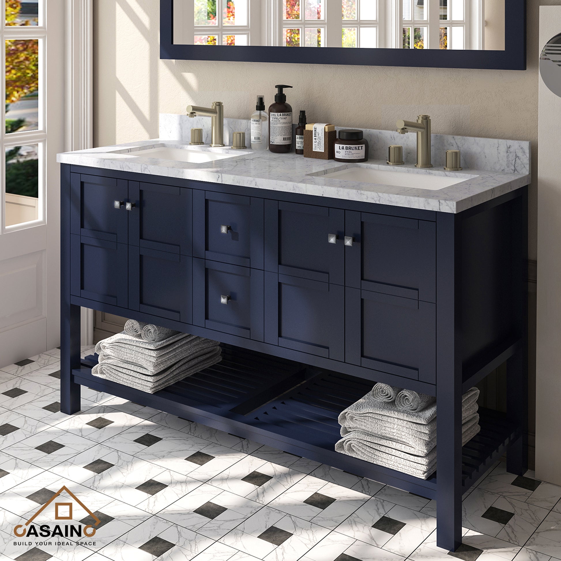 60 in. W x 22 in. D x 35.4 in. H Bath Vanity in Navy Blue with White Top and Basin