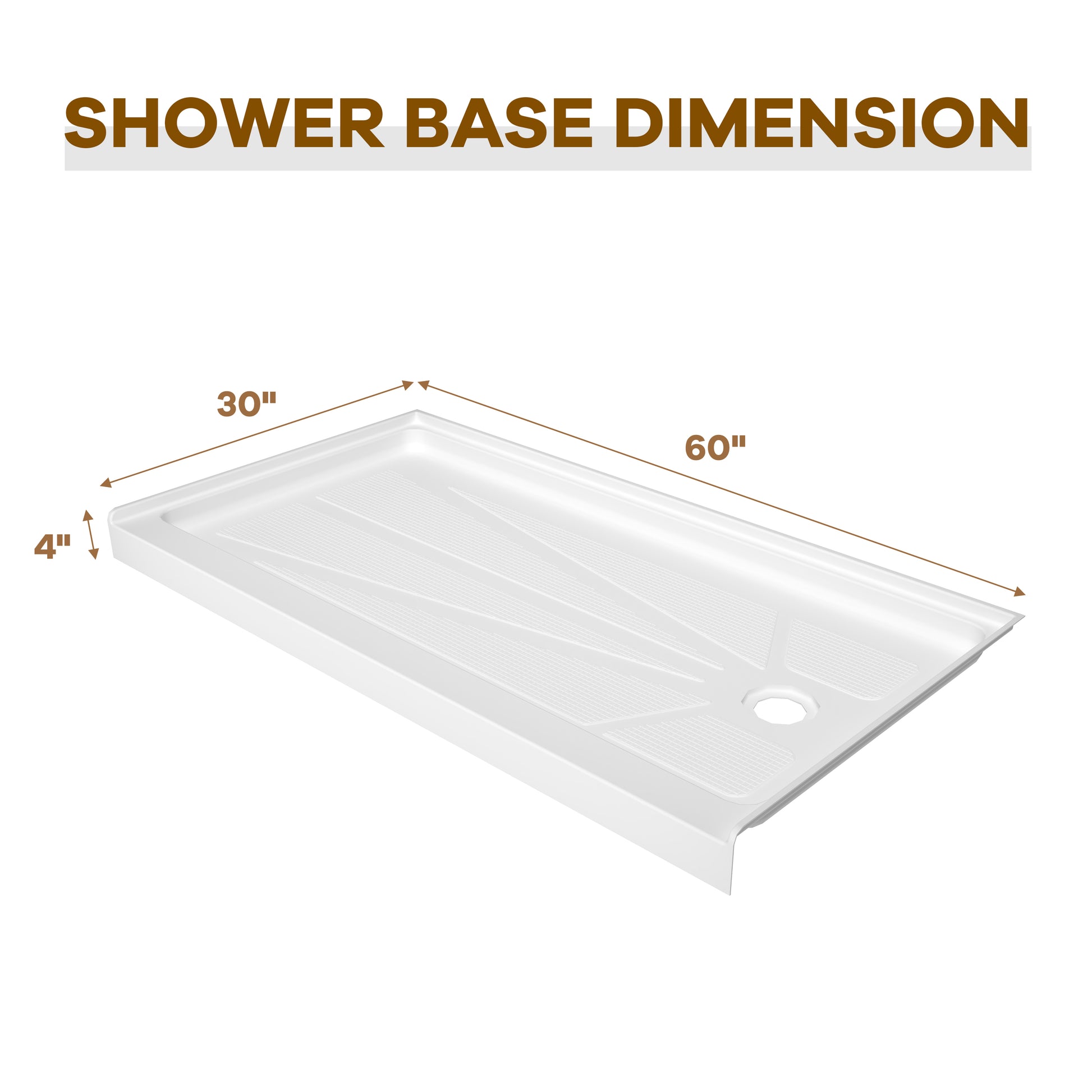 60" x 30" White Acrylic Shower Base, Anti-Slip, Left or Right Drain