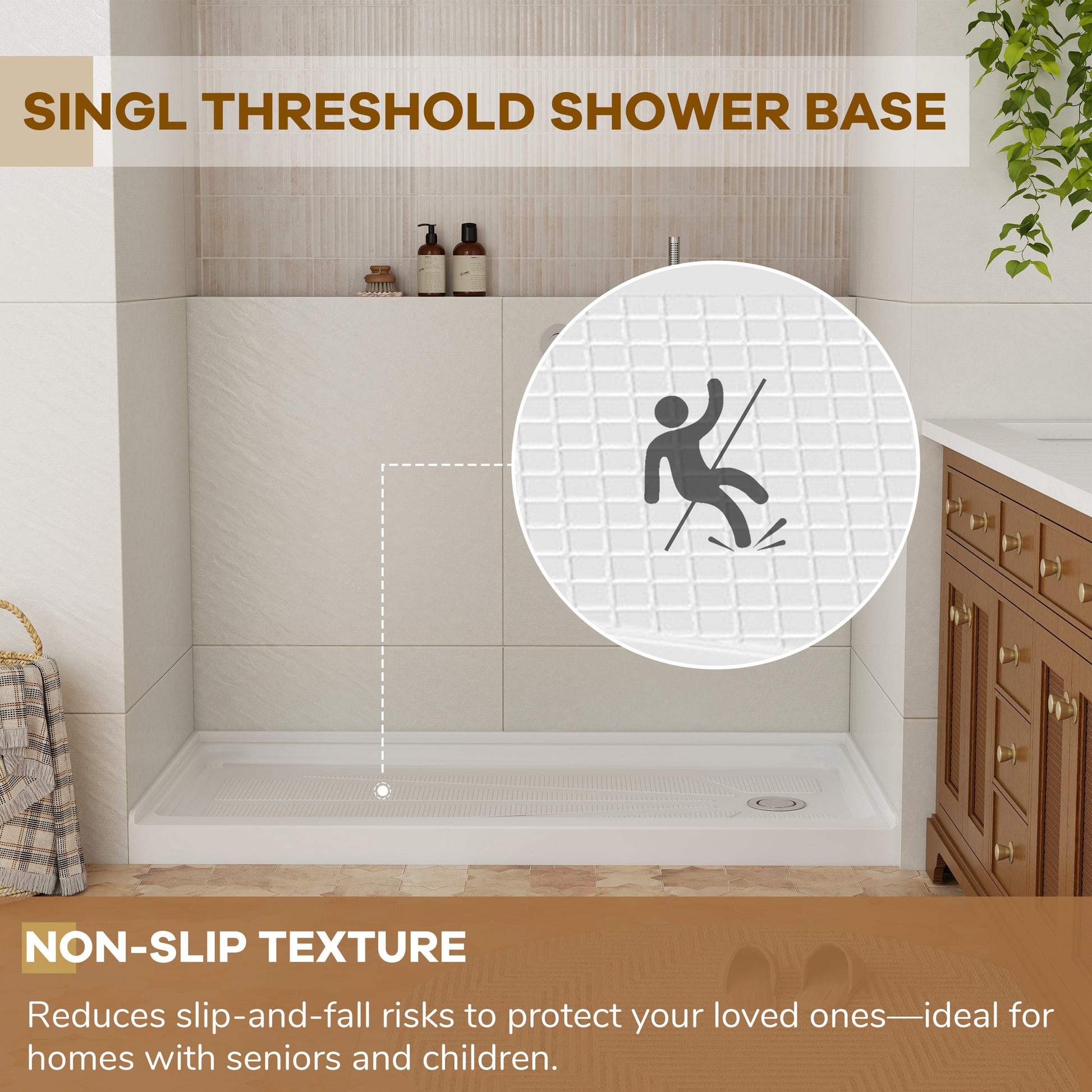 60" x 30" White Acrylic Shower Base, Anti-Slip, Left or Right Drain