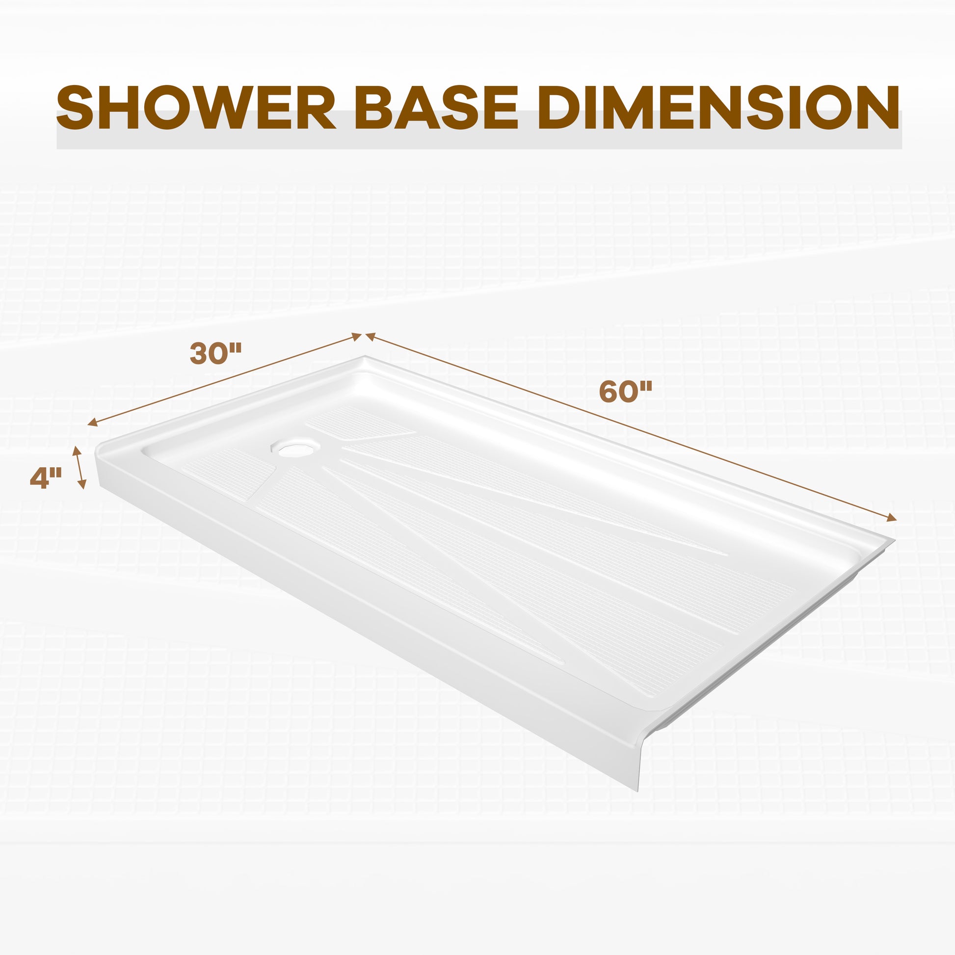 60" x 30" White Acrylic Shower Base, Anti-Slip, Left or Right Drain