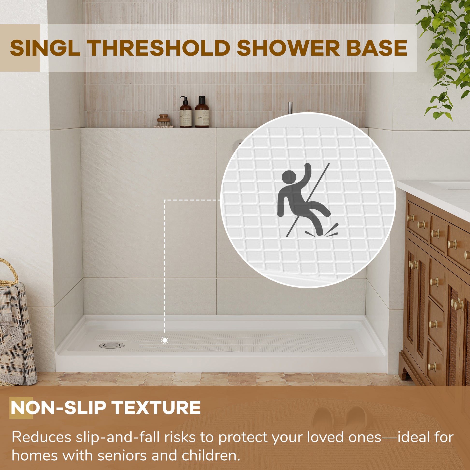 60" x 30" White Acrylic Shower Base, Anti-Slip, Left or Right Drain
