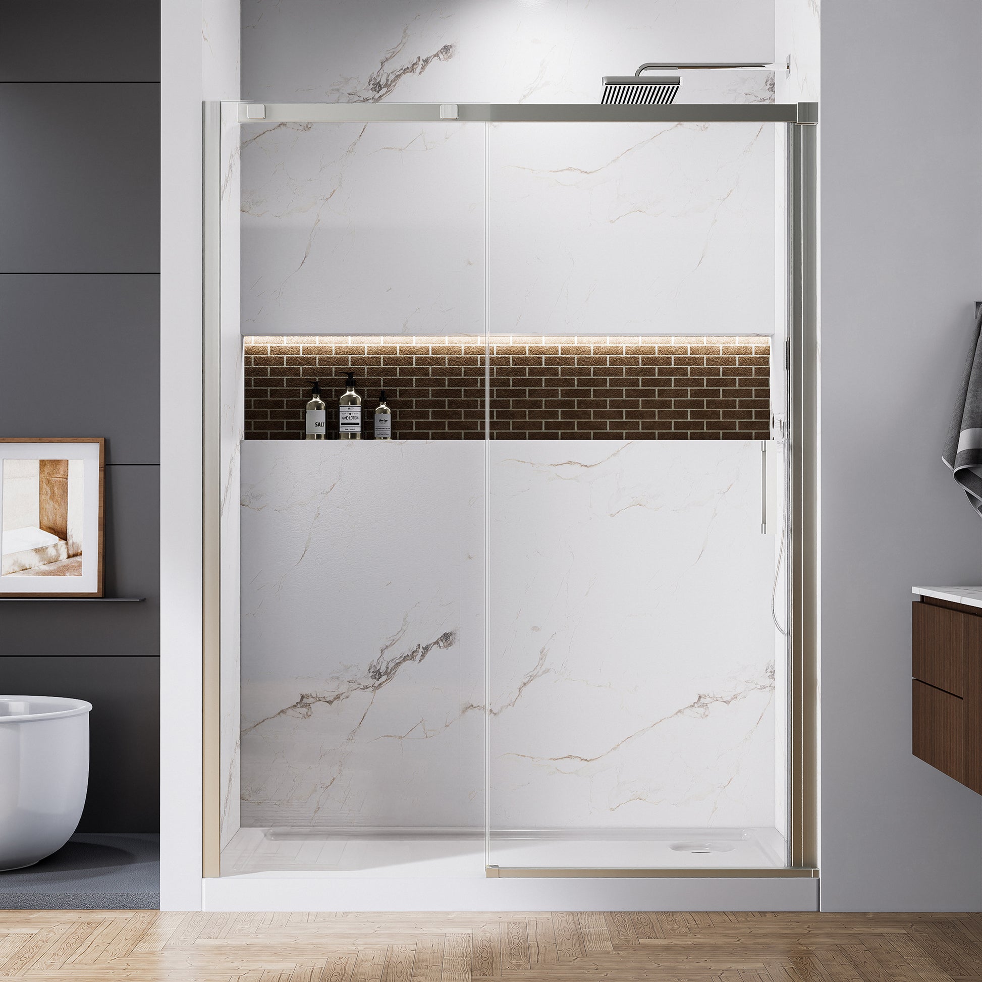 60" x 74" Shower Door and Framed Soft-Close Sliding Shower Door with 6mm Tempered Glass