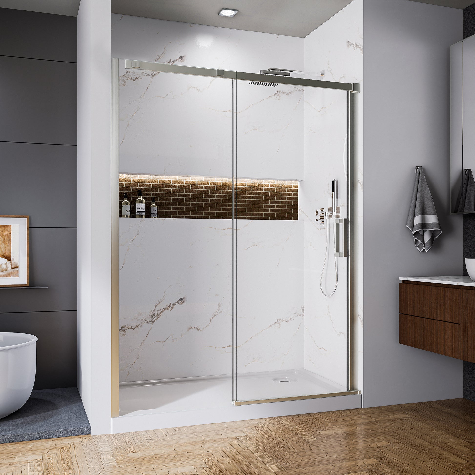 60" x 74" Shower Door and Framed Soft-Close Sliding Shower Door with 6mm Tempered Glass