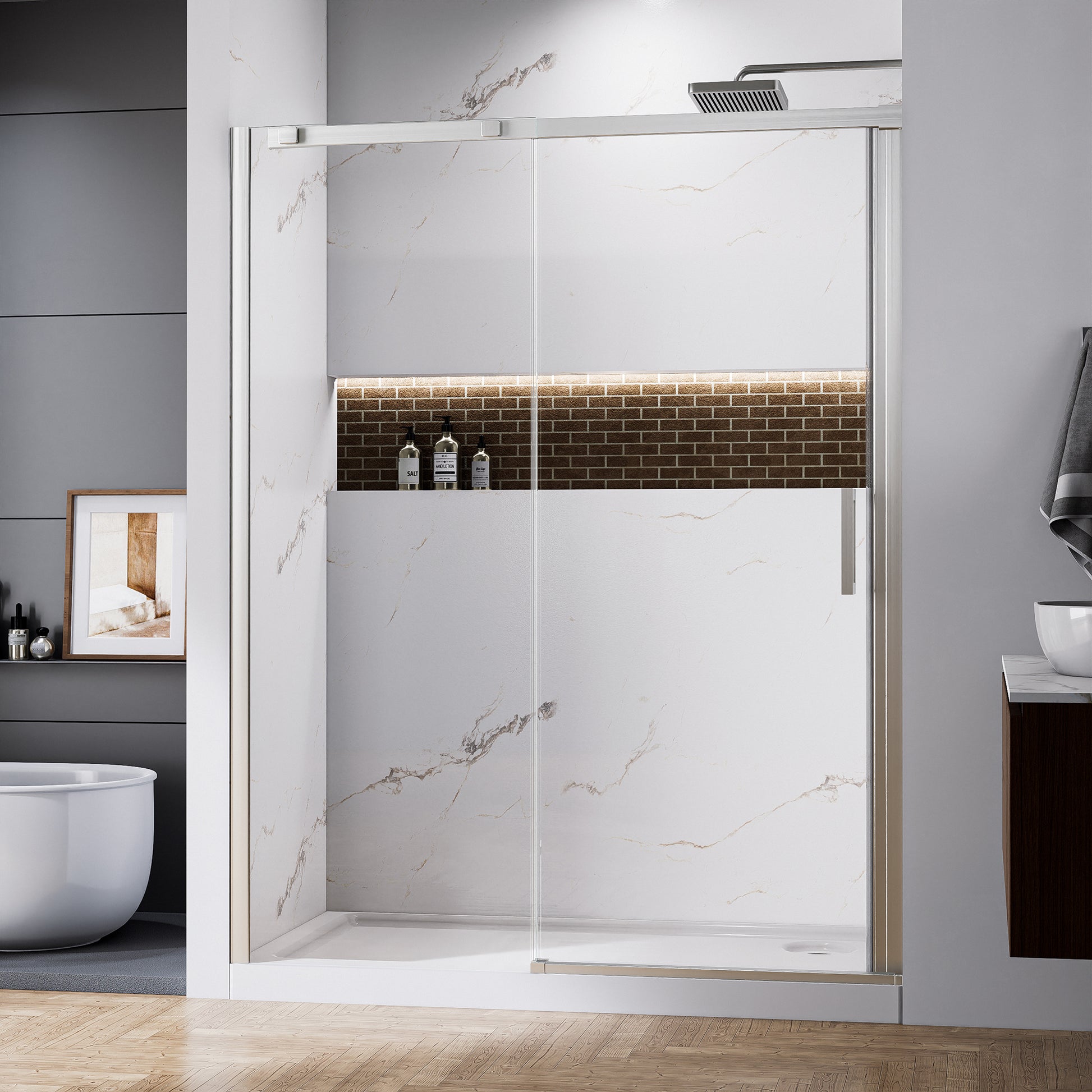 60" x 74" Shower Door and Framed Soft-Close Sliding Shower Door with 6mm Tempered Glass
