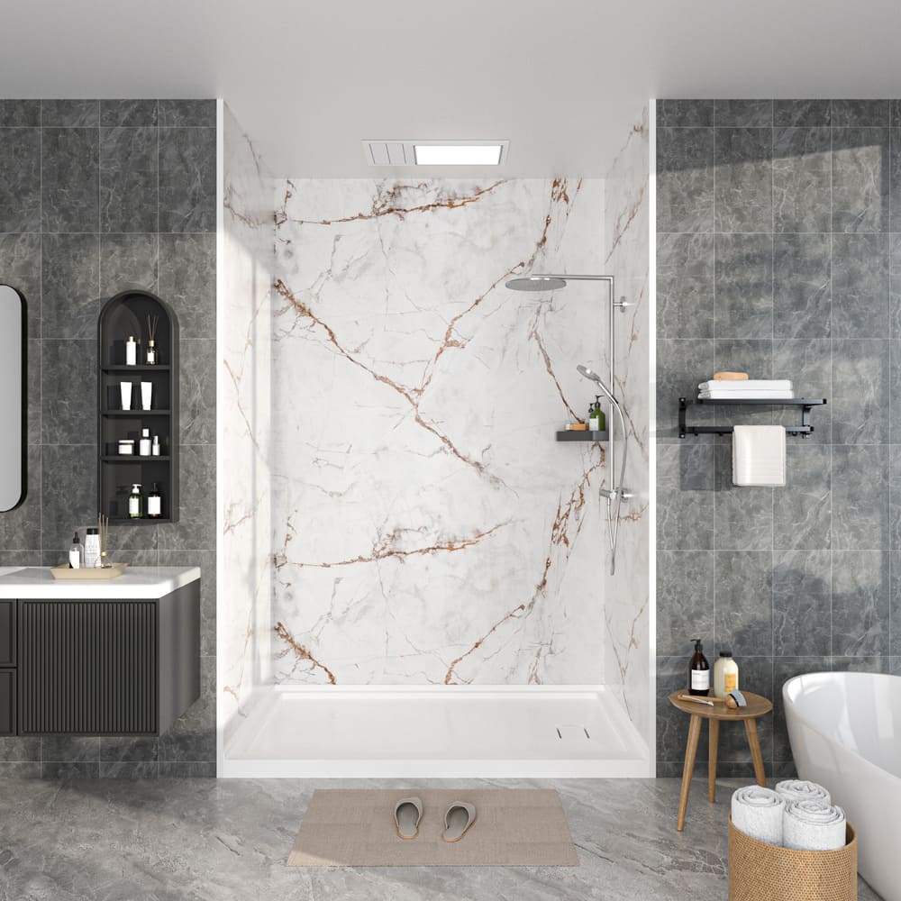 60"x36"x96" Solid Surface Modern Shower Wall Panels, Waterproof Grout-Free Shower Surround System