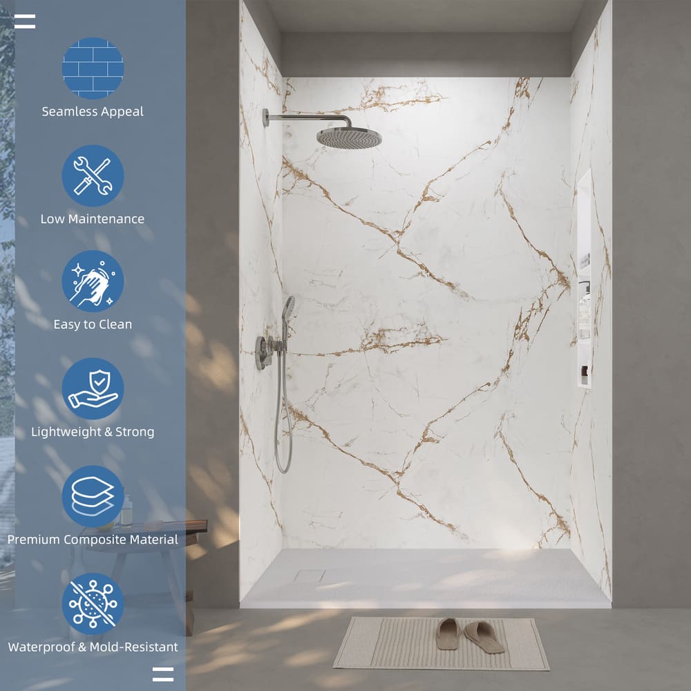 60"x36"x96" Solid Surface Modern Shower Wall Panels, Waterproof Grout-Free Shower Surround System