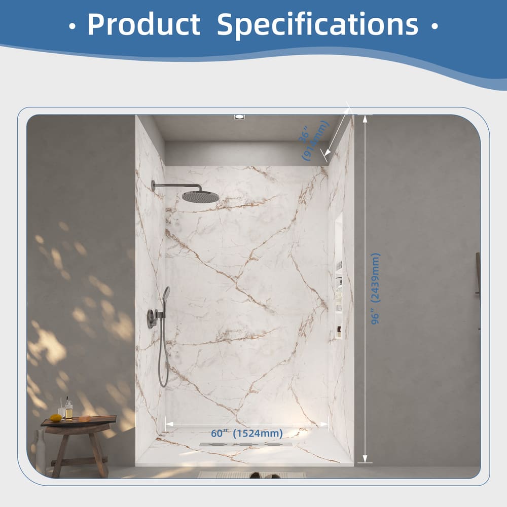60"x36"x96" Solid Surface Modern Shower Wall Panels, Waterproof Grout-Free Shower Surround System