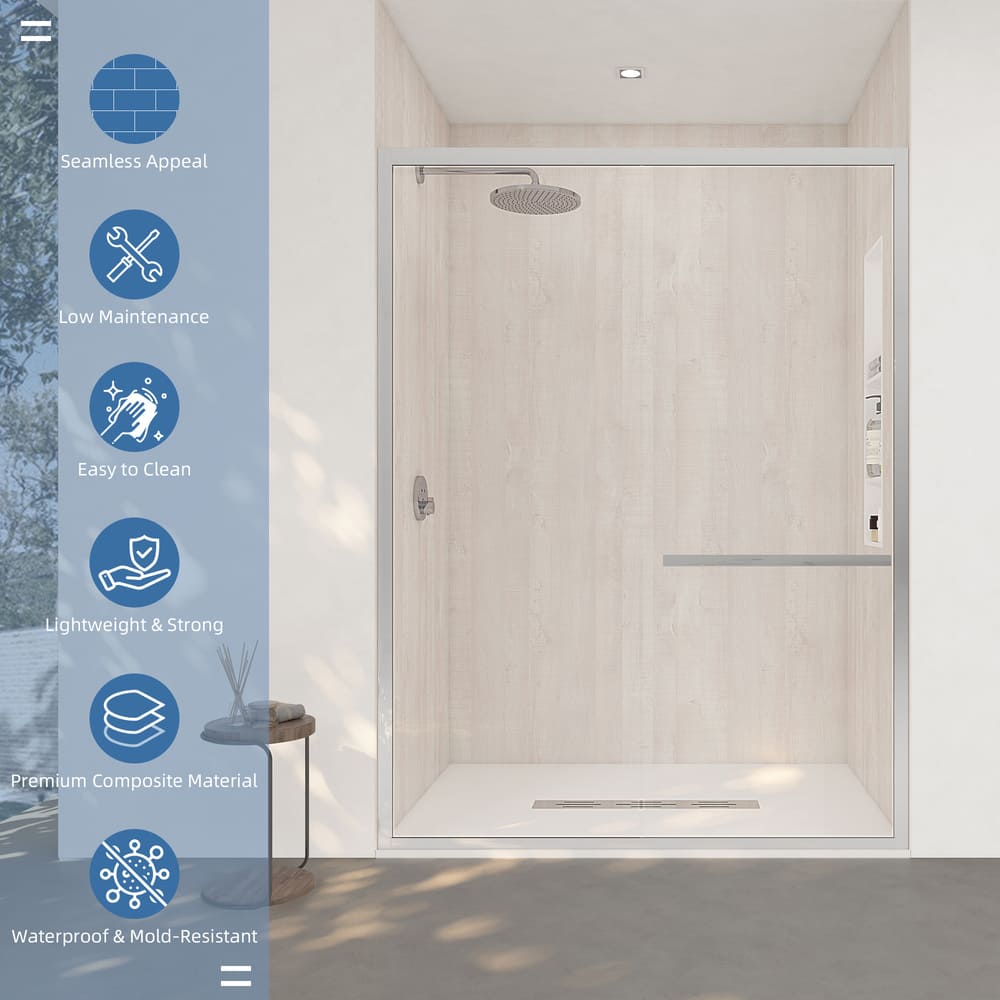 60"x36"x96" Solid Surface Modern Shower Wall Panels, Waterproof Grout-Free Shower Surround System