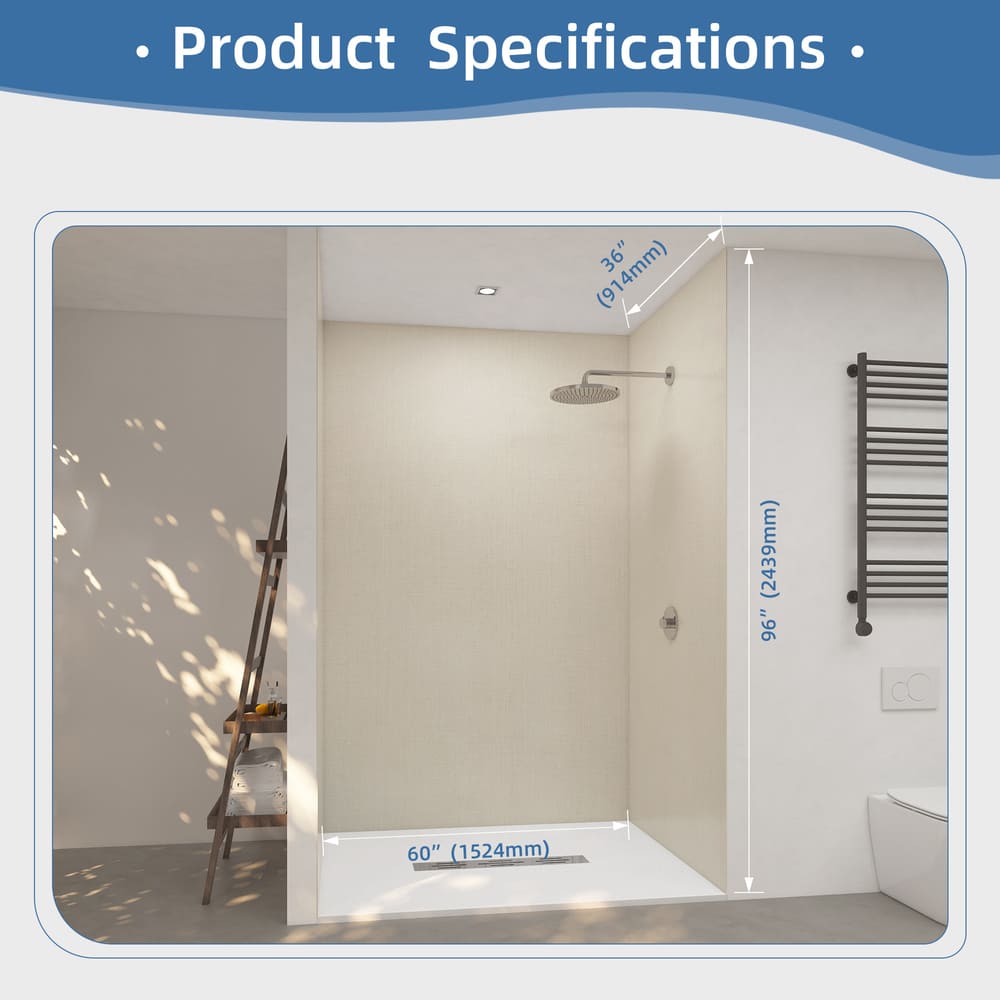 60"x36"x96" Solid Surface Modern Shower Wall Panels, Waterproof Grout-Free Shower Surround System