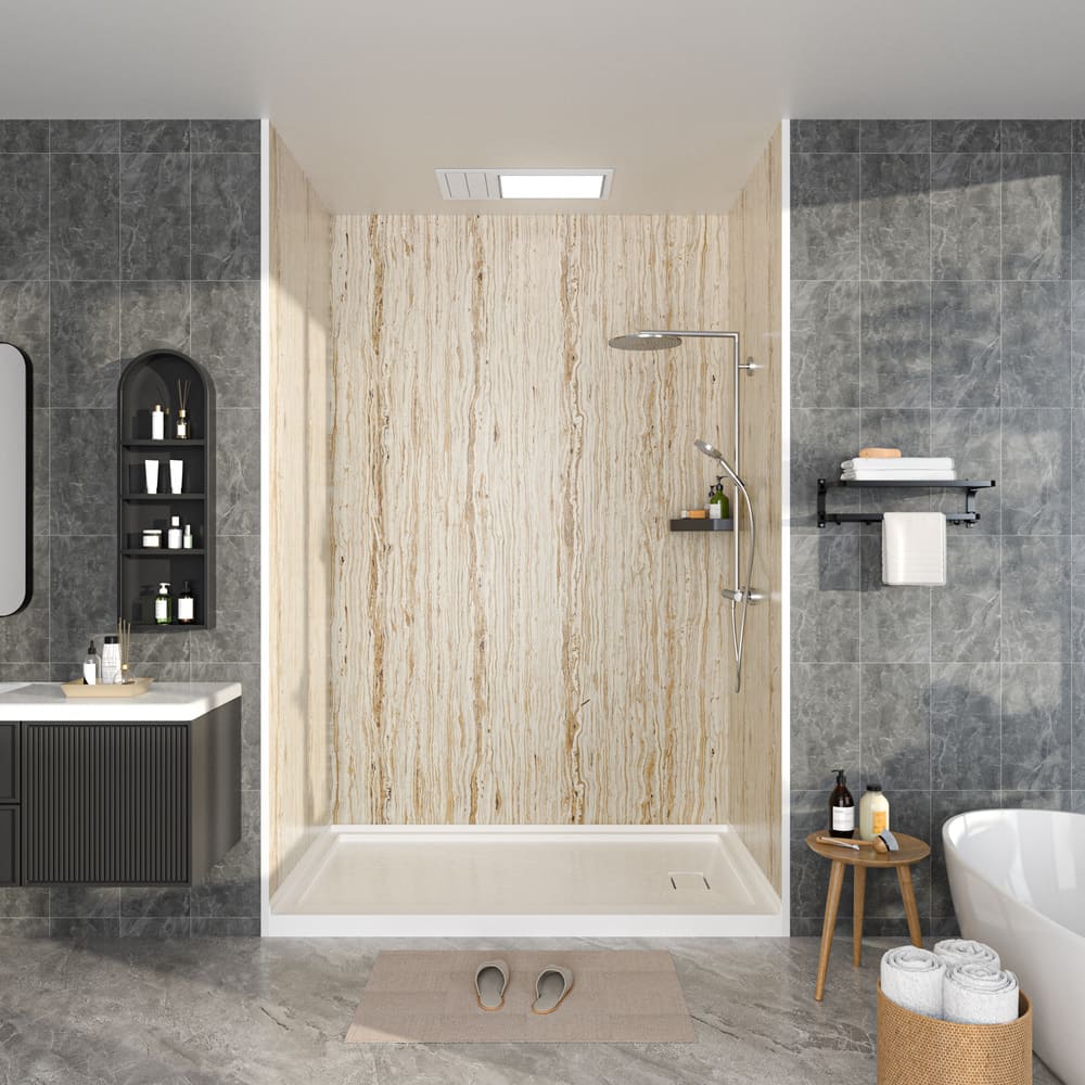 60"x36"x96" Solid Surface Modern Shower Wall Panels, Waterproof Grout-Free Shower Surround System