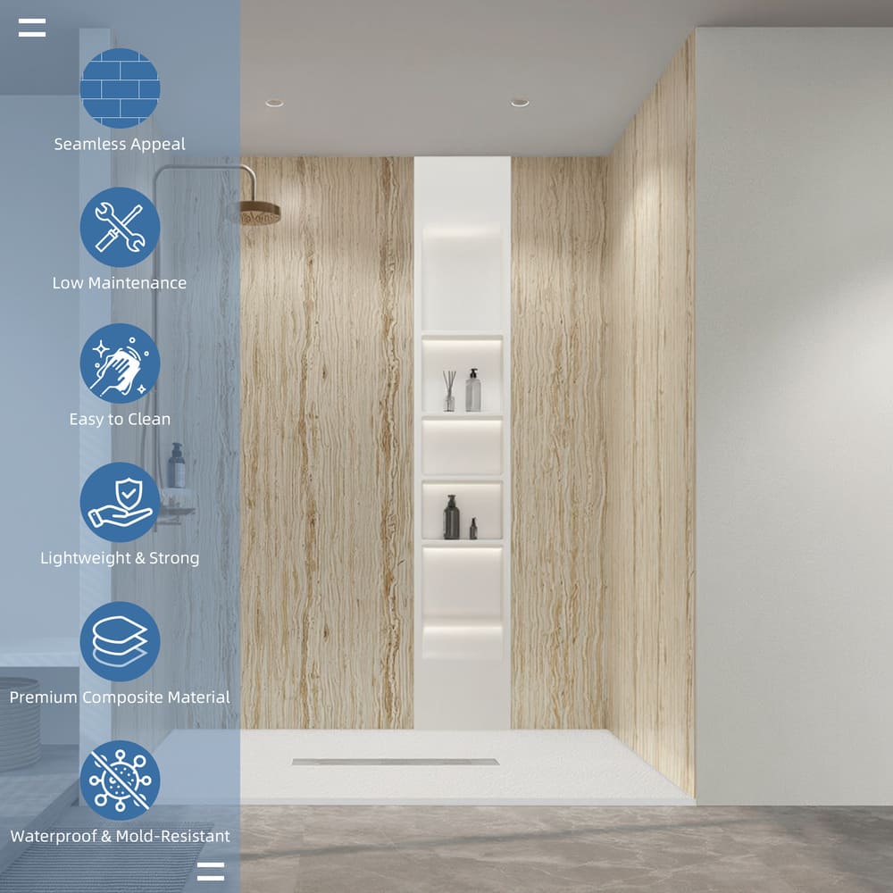 60"x36"x96" Solid Surface Modern Shower Wall Panels, Waterproof Grout-Free Shower Surround System