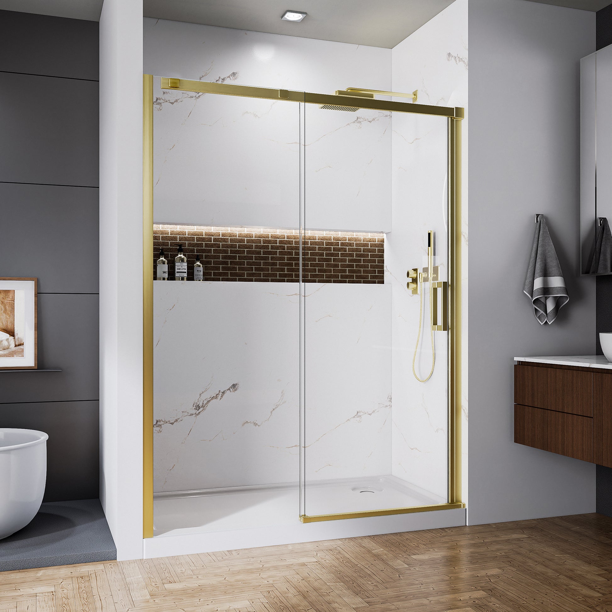 60" x 74" Shower Door and Framed Soft-Close Sliding Shower Door with 6mm Tempered Glass