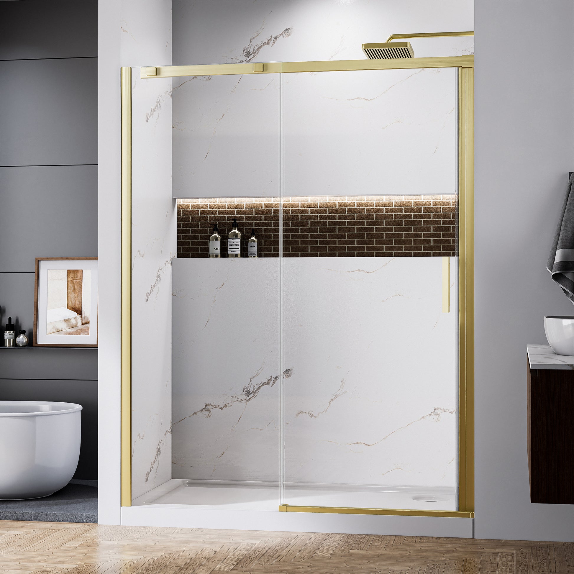 60" x 74" Shower Door and Framed Soft-Close Sliding Shower Door with 6mm Tempered Glass