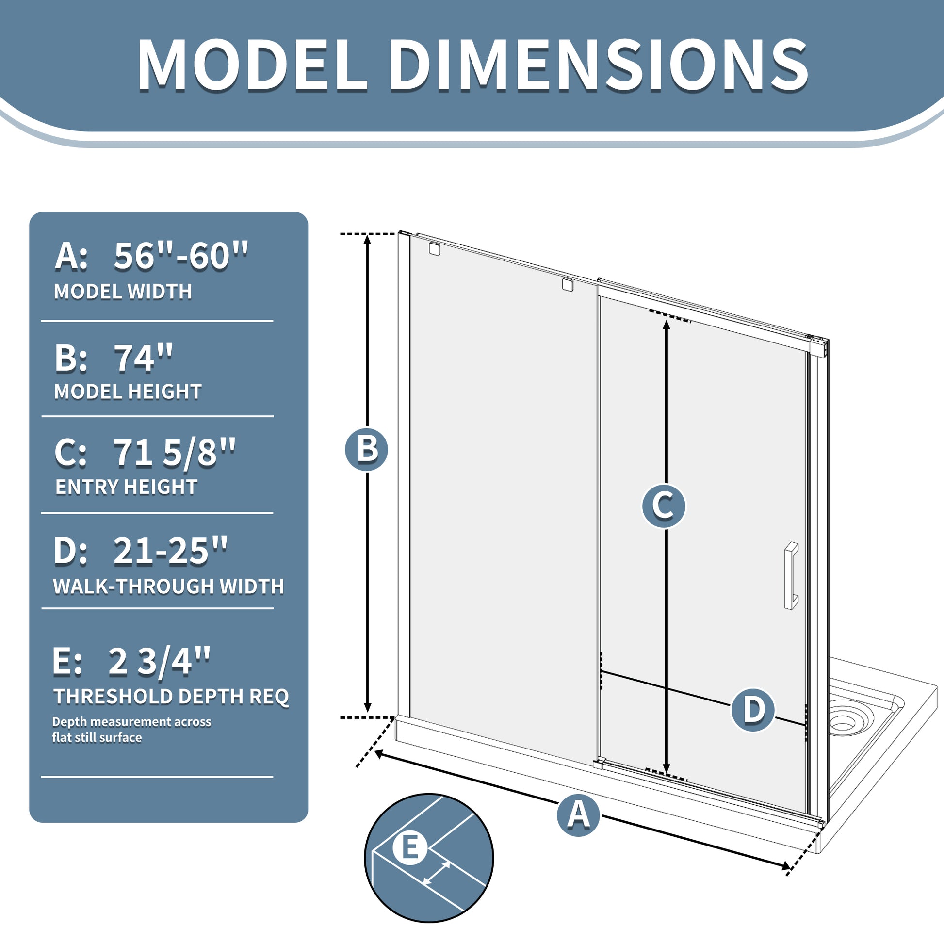 60" x 74" Shower Door and Framed Soft-Close Sliding Shower Door with 6mm Tempered Glass