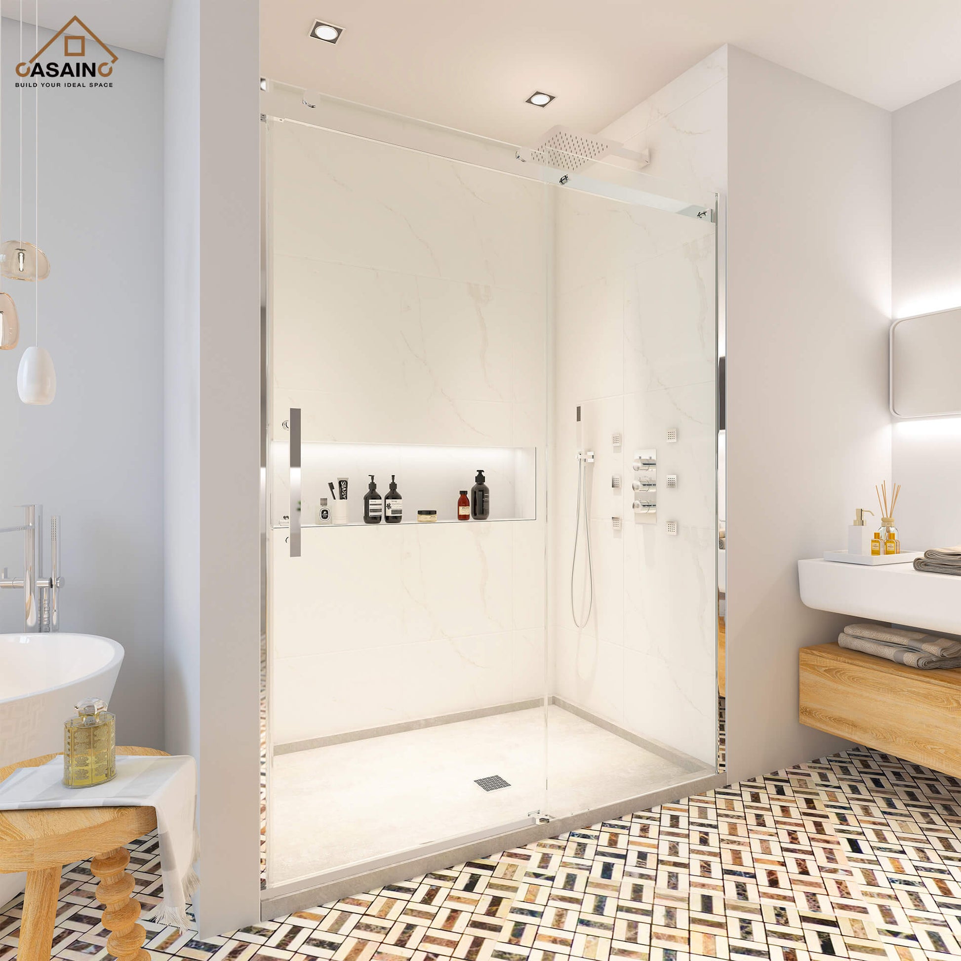 60"x76" Frameless Single Sliding Shower Door in Chrome/Brushed Nickel/
