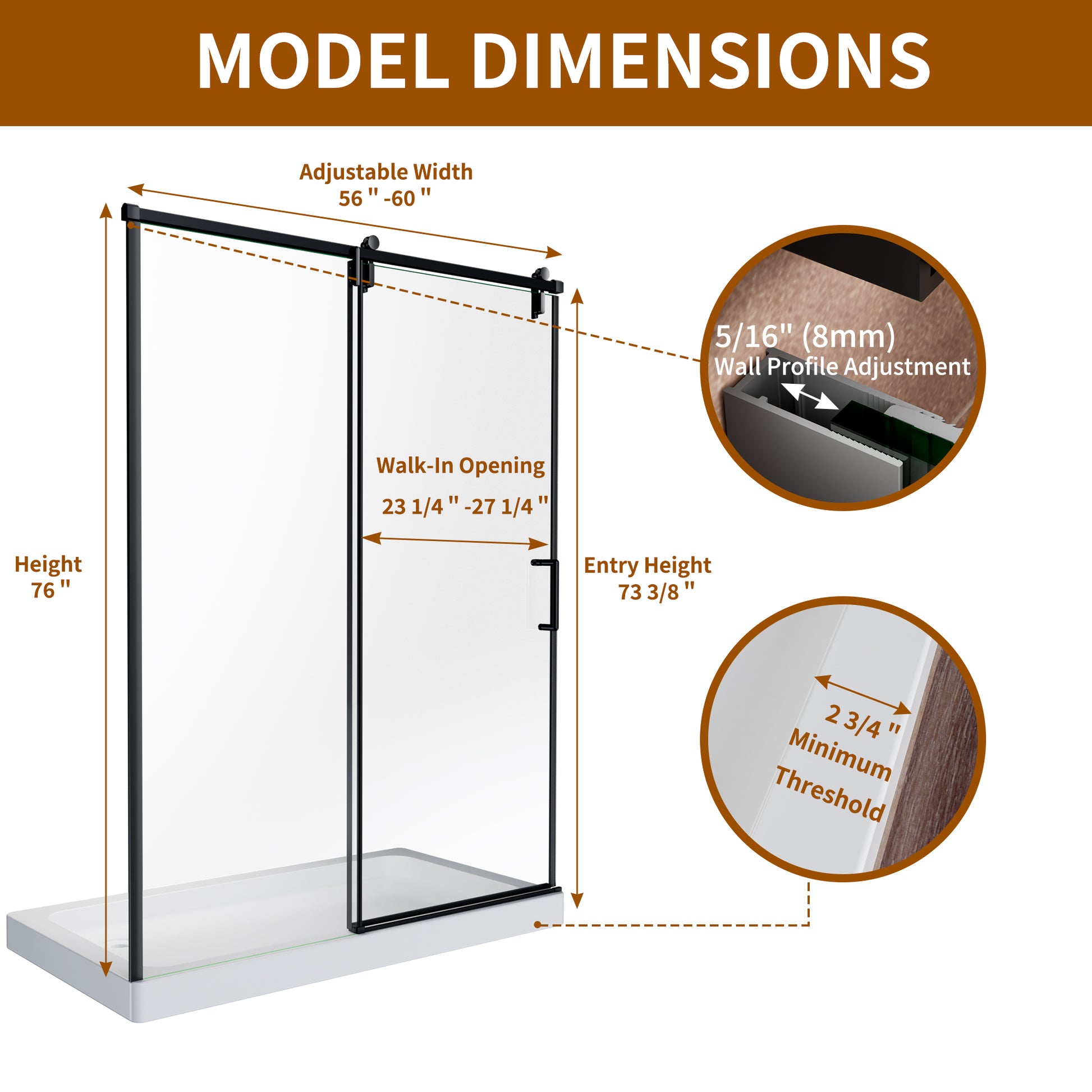 60" x 76" Shower Door and Framed Soft-Close Sliding Shower Door with 6mm Tempered Glass