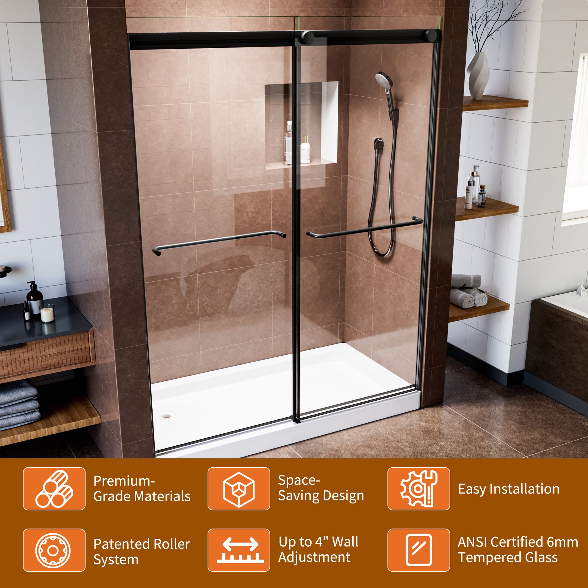 60" x 76" Shower Door and Framed Soft-Close Sliding Shower Door with 6mm Tempered Glass