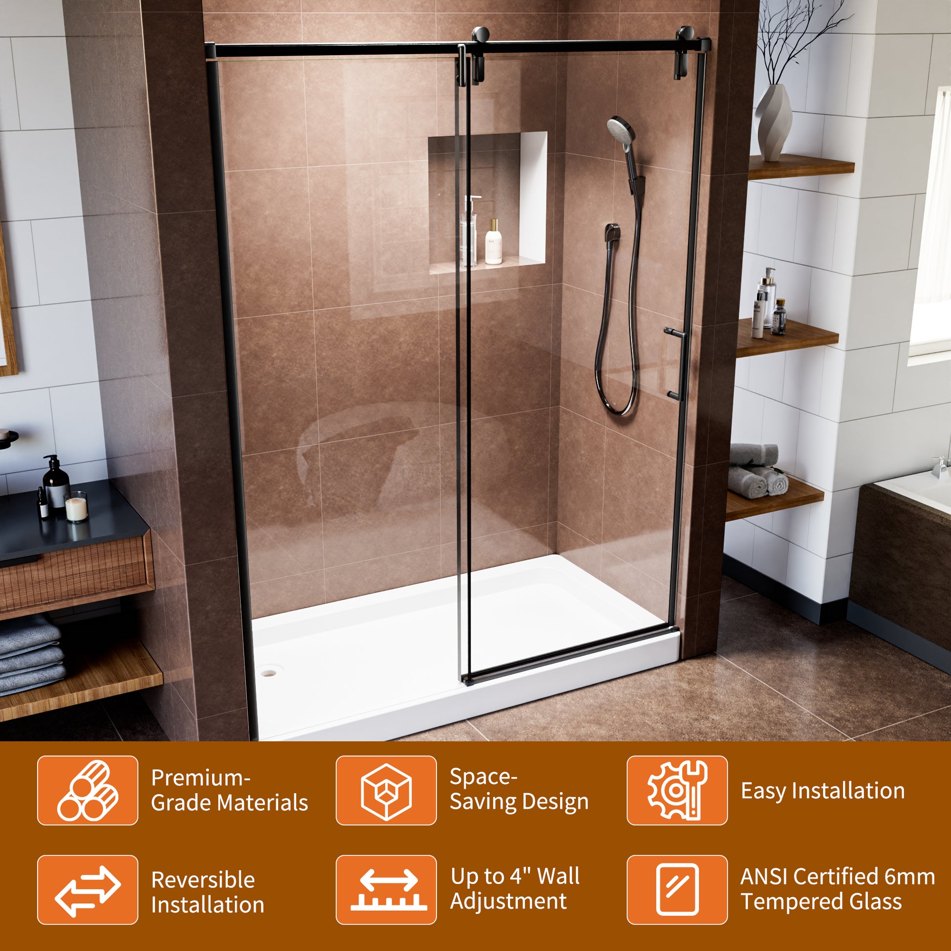 60" x 76" Shower Door and Framed Soft-Close Sliding Shower Door with 6mm Tempered Glass