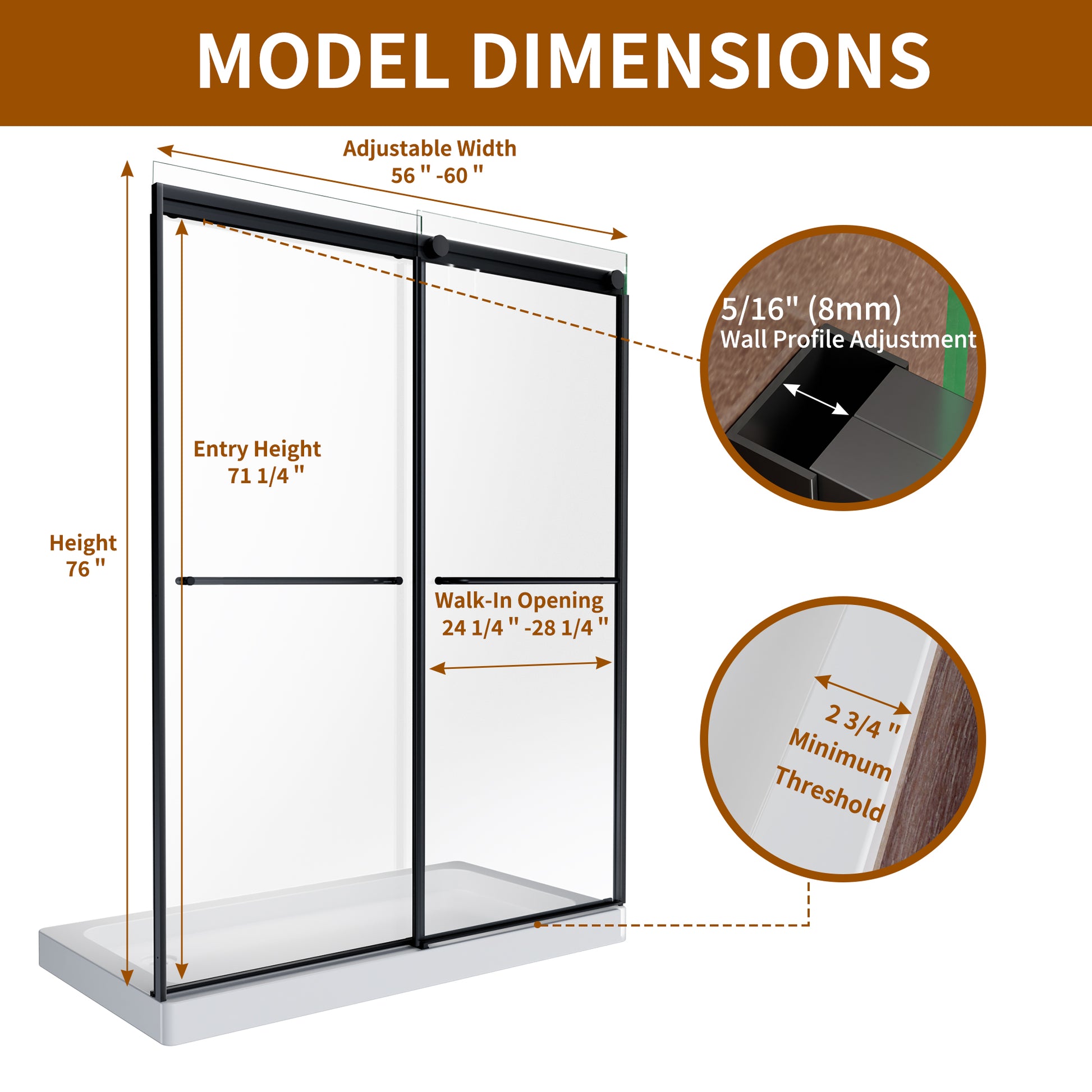 60" x 76" Shower Door and Framed Soft-Close Sliding Shower Door with 6mm Tempered Glass