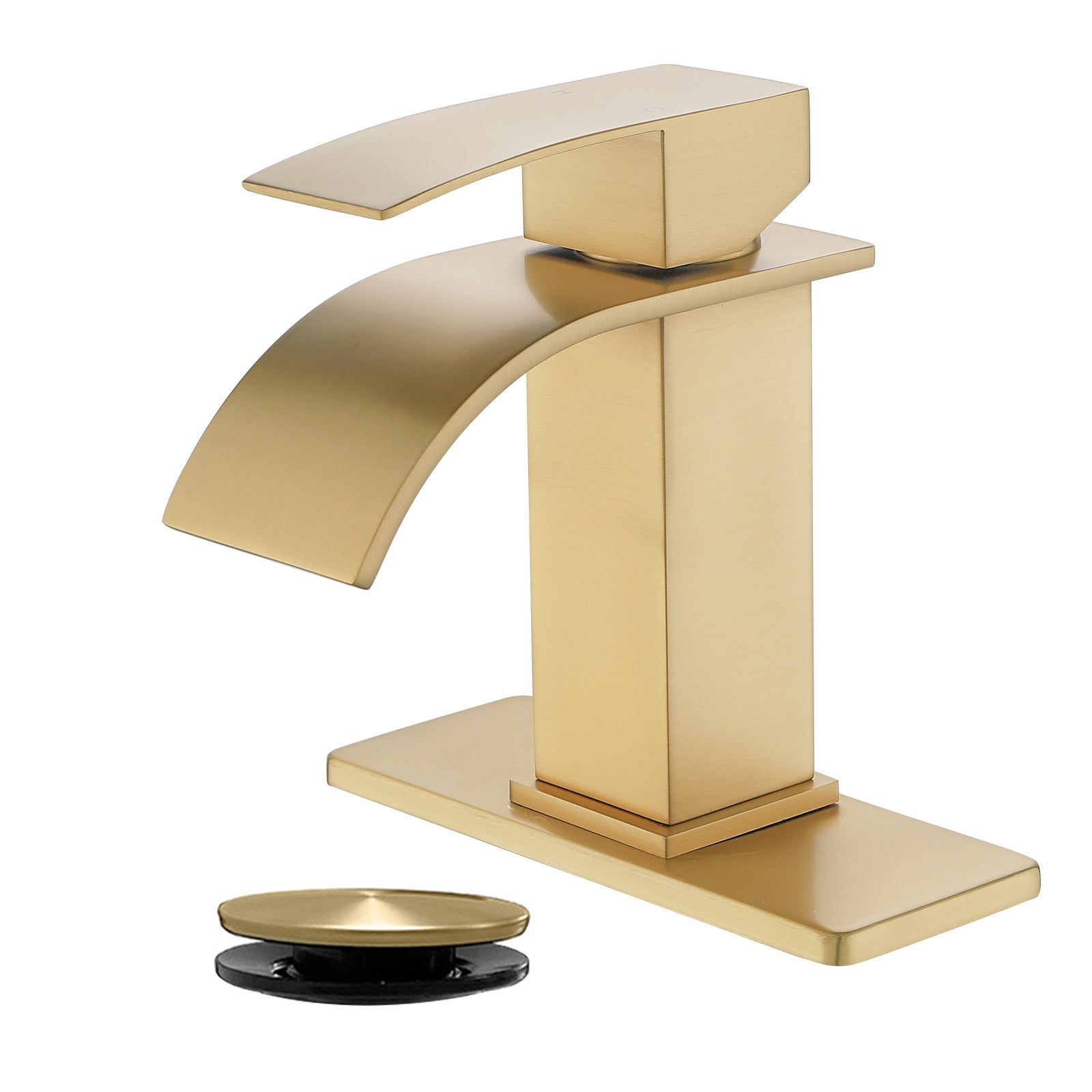 6"/12.5"H SUS304 Bathroom Sink Faucet with Flat Curved Waterfall Spout, Brushed Gold Finish and Drain Included