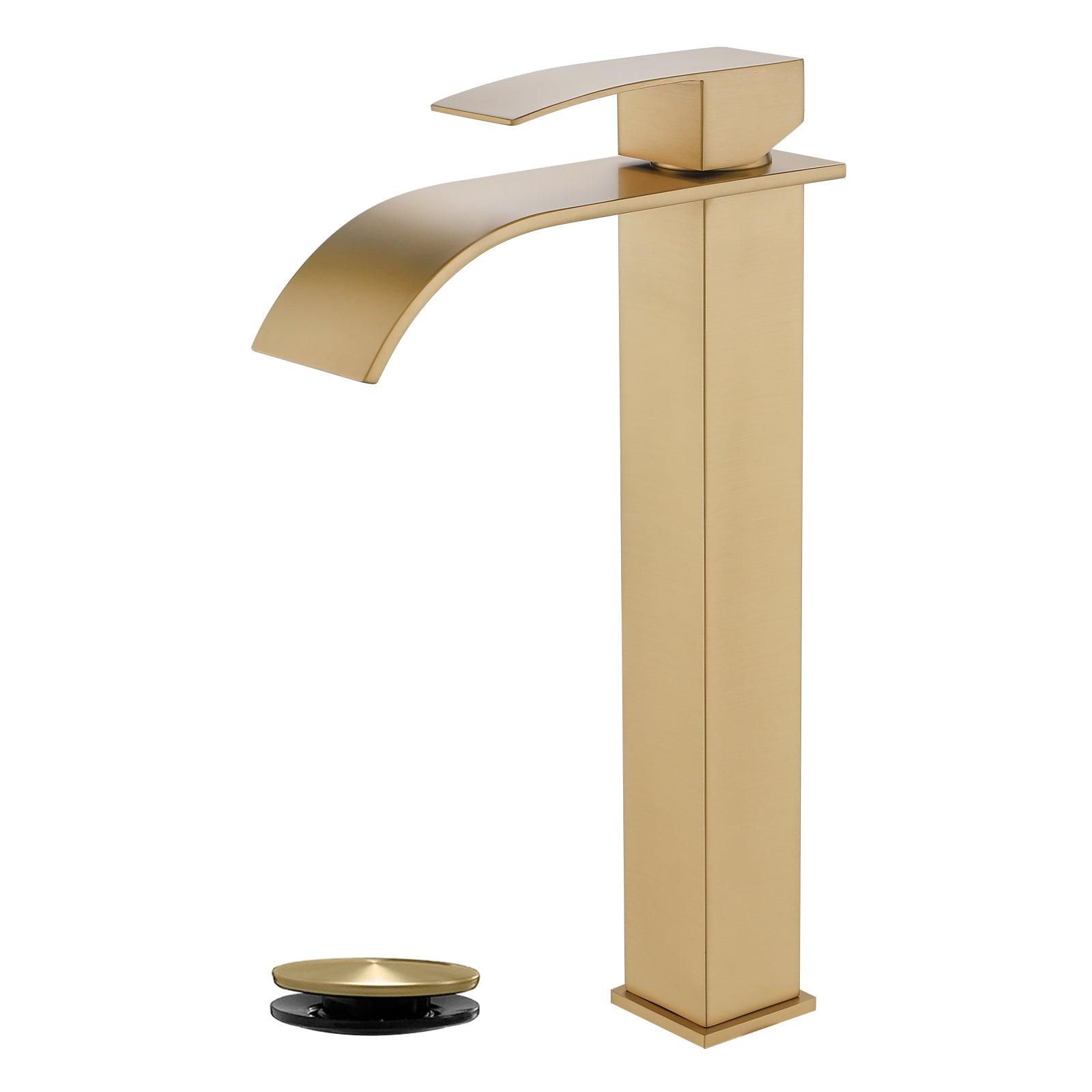 6"/12.5"H SUS304 Bathroom Sink Faucet with Flat Curved Waterfall Spout, Brushed Gold Finish and Drain Included