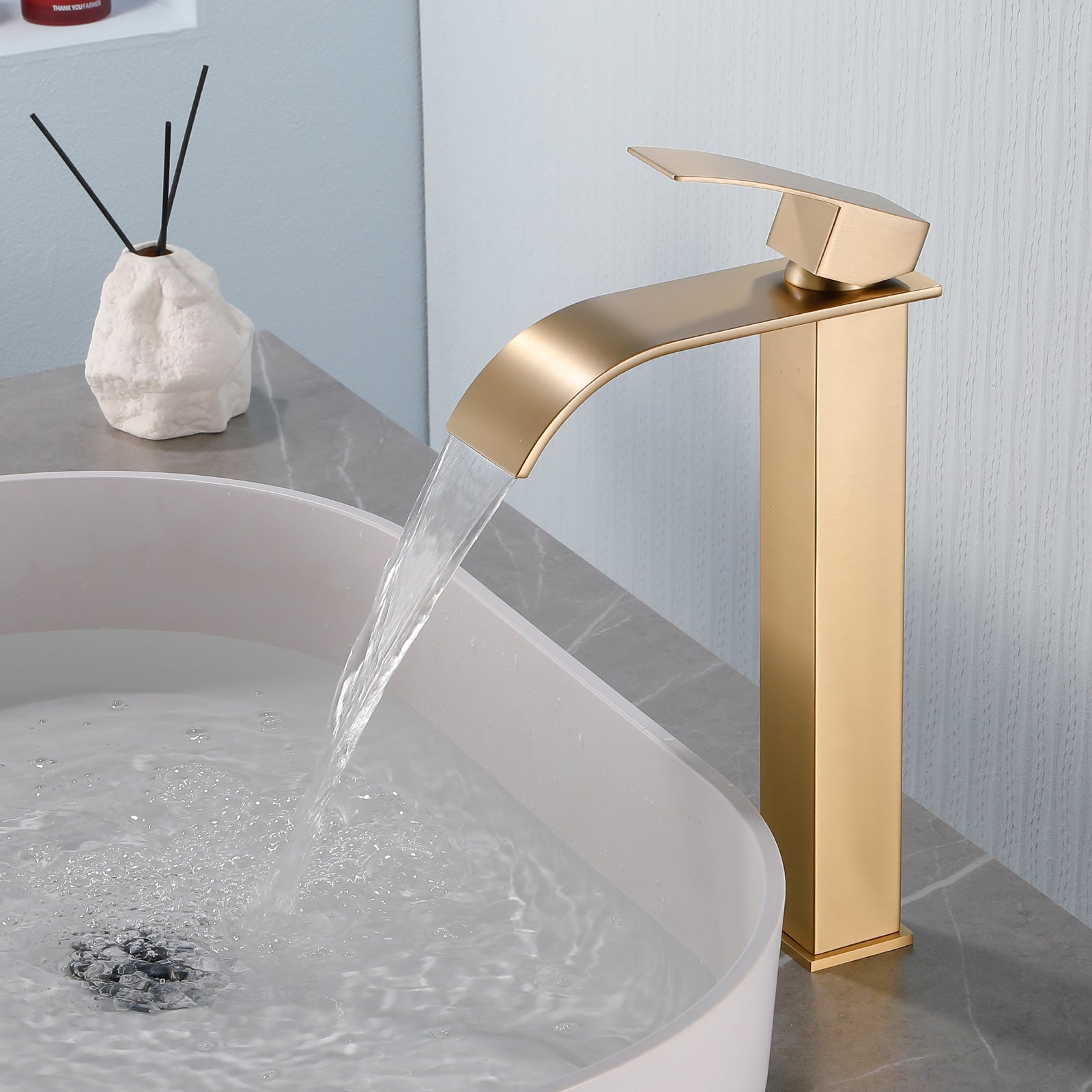 6"/12.5"H SUS304 Bathroom Sink Faucet with Flat Curved Waterfall Spout, Brushed Gold Finish and Drain Included