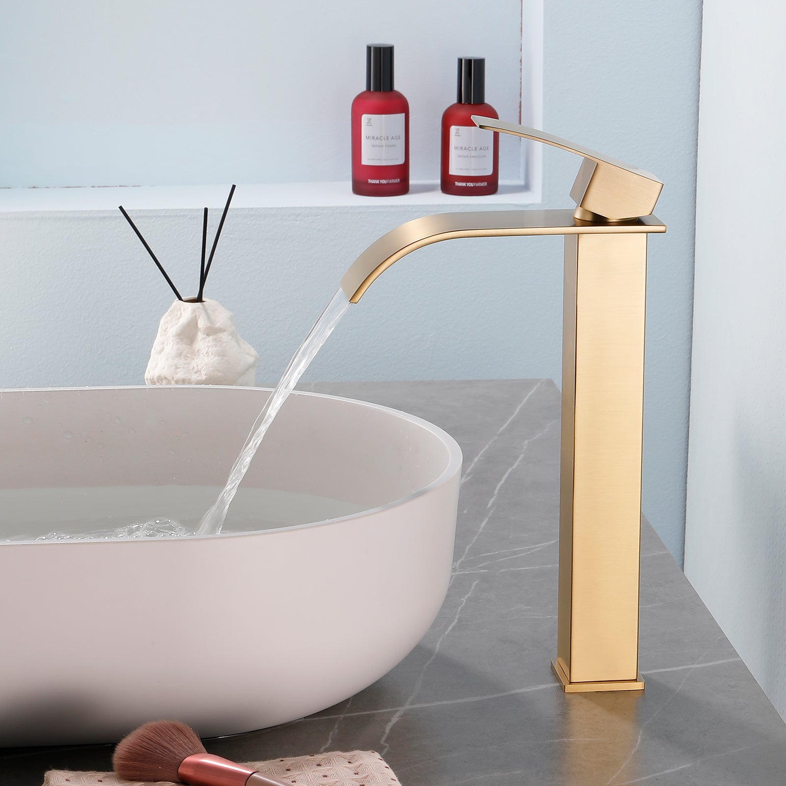 6"/12.5"H SUS304 Bathroom Sink Faucet with Flat Curved Waterfall Spout, Brushed Gold Finish and Drain Included