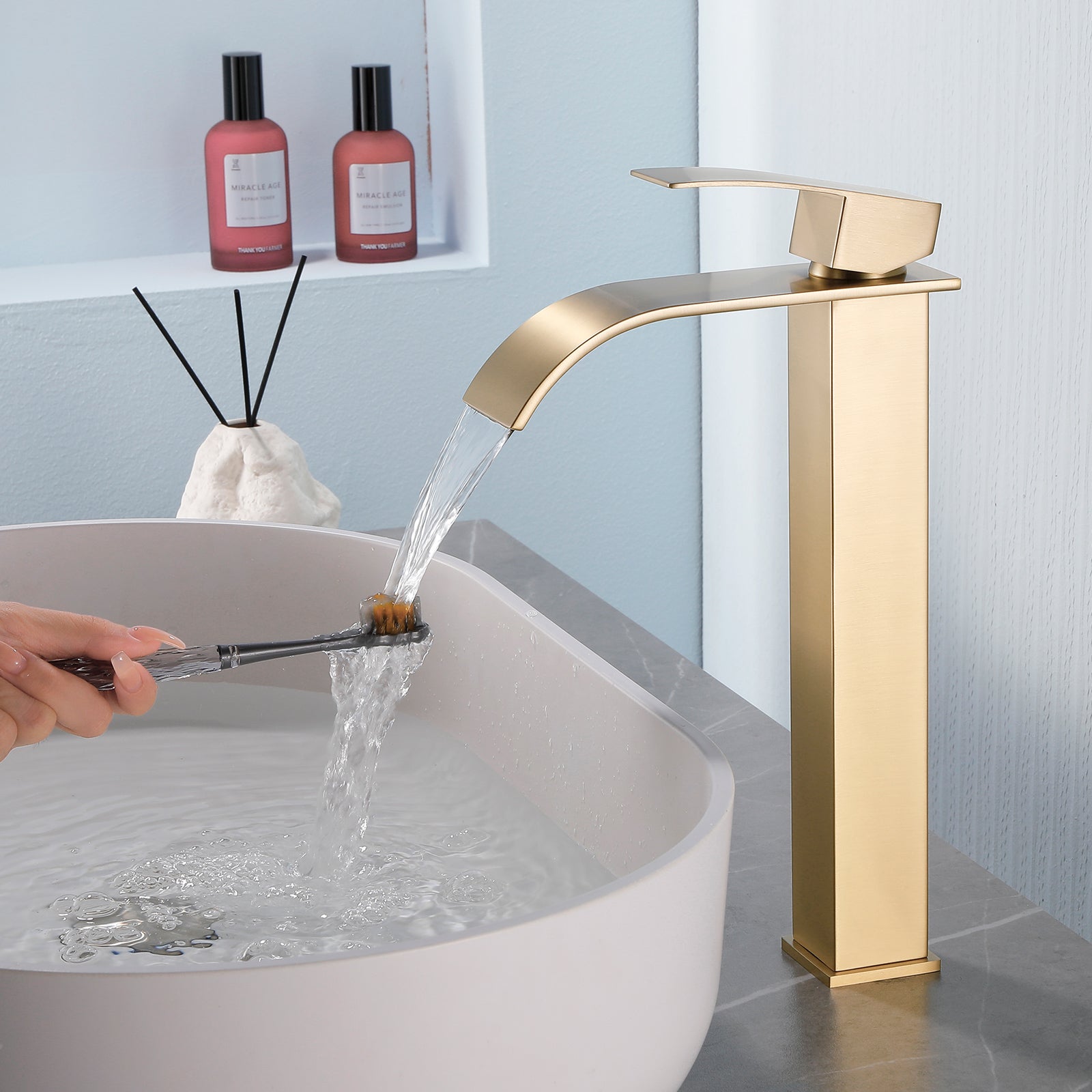 6"/12.5"H SUS304 Bathroom Sink Faucet with Flat Curved Waterfall Spout, Brushed Gold Finish and Drain Included