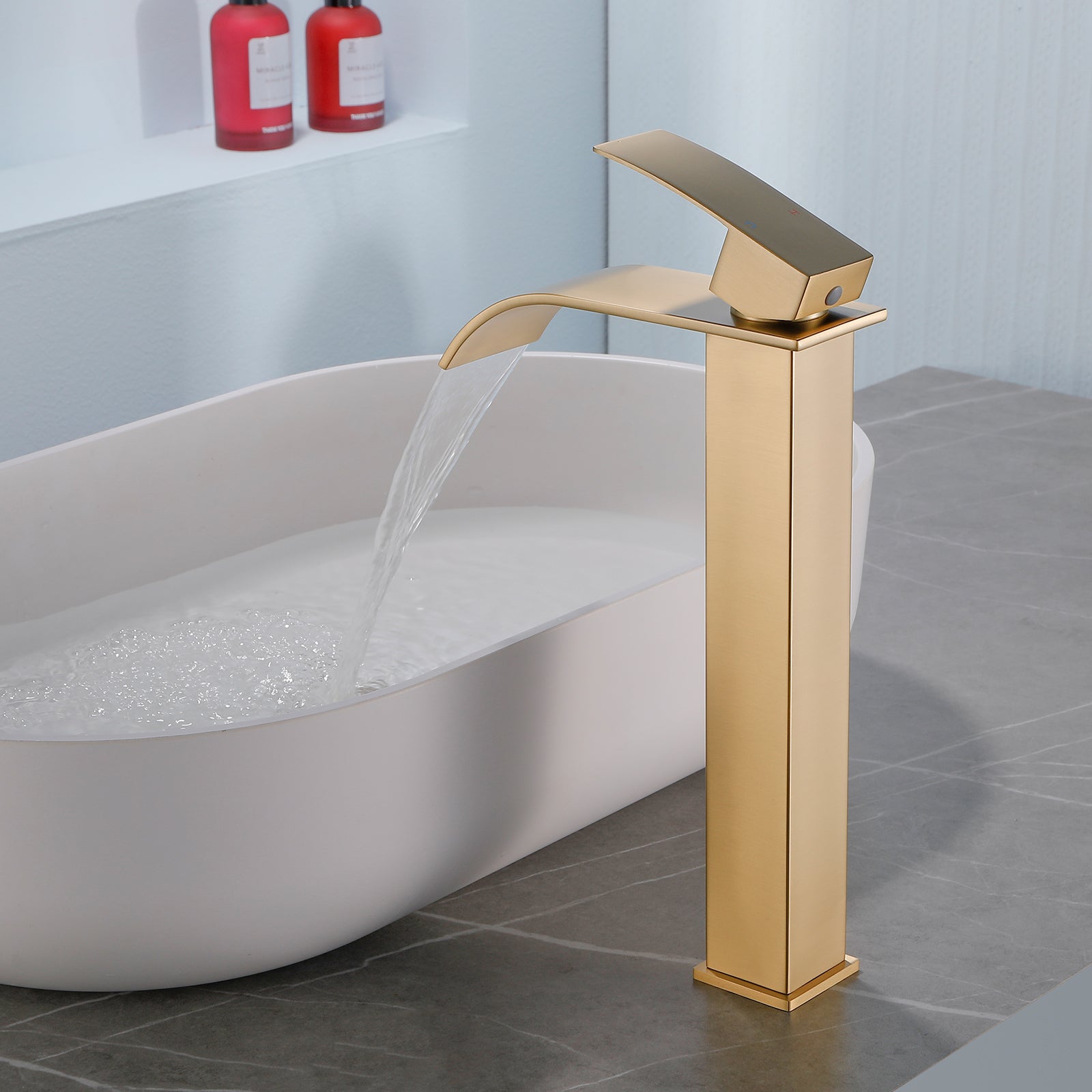 6"/12.5"H SUS304 Bathroom Sink Faucet with Flat Curved Waterfall Spout, Brushed Gold Finish and Drain Included
