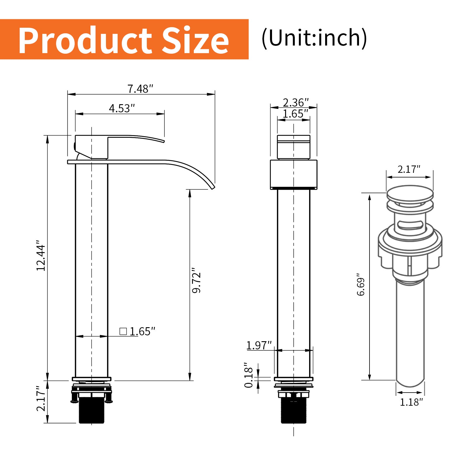6"/12.5"H SUS304 Bathroom Sink Faucet with Flat Curved Waterfall Spout, Brushed Gold Finish and Drain Included