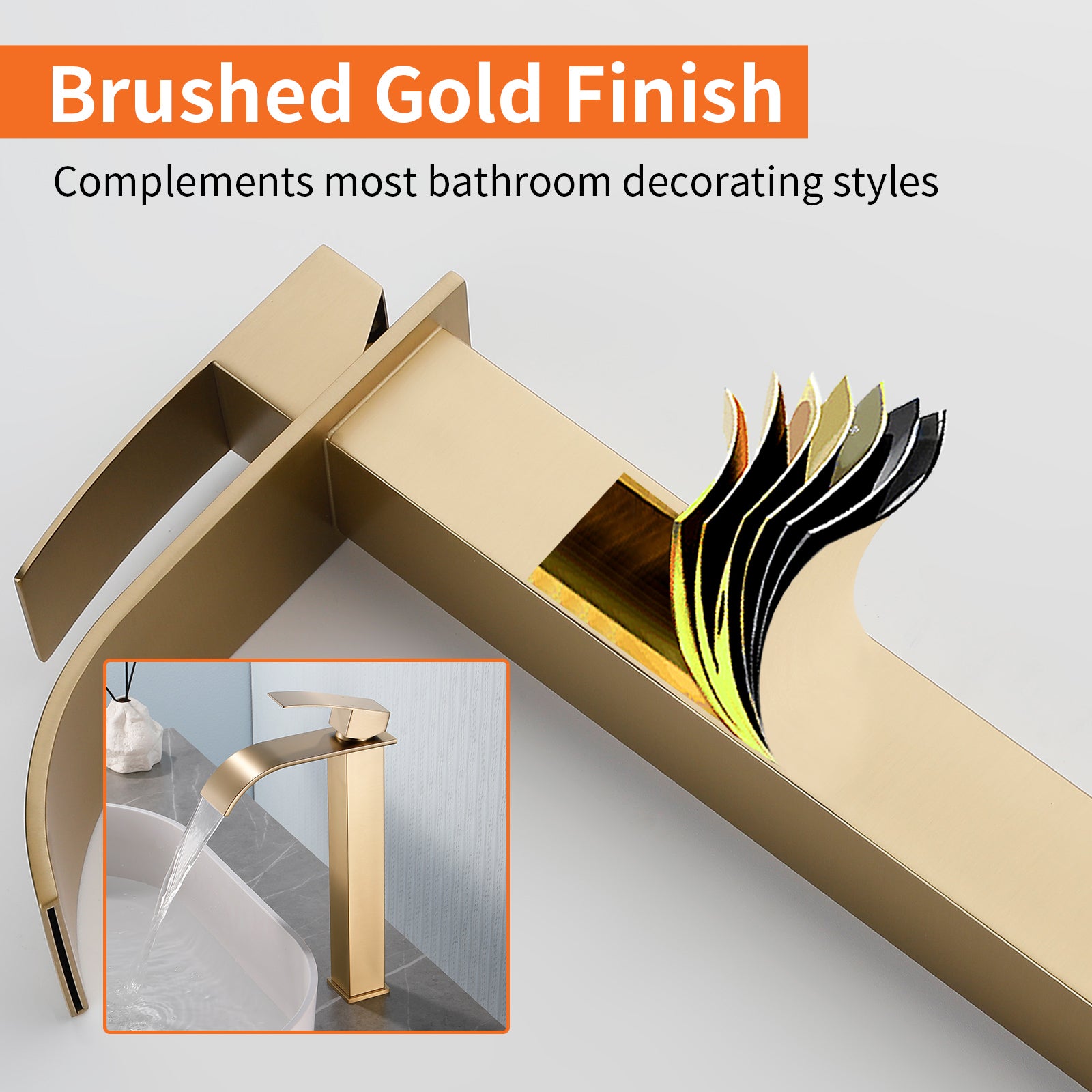 6"/12.5"H SUS304 Bathroom Sink Faucet with Flat Curved Waterfall Spout, Brushed Gold Finish and Drain Included