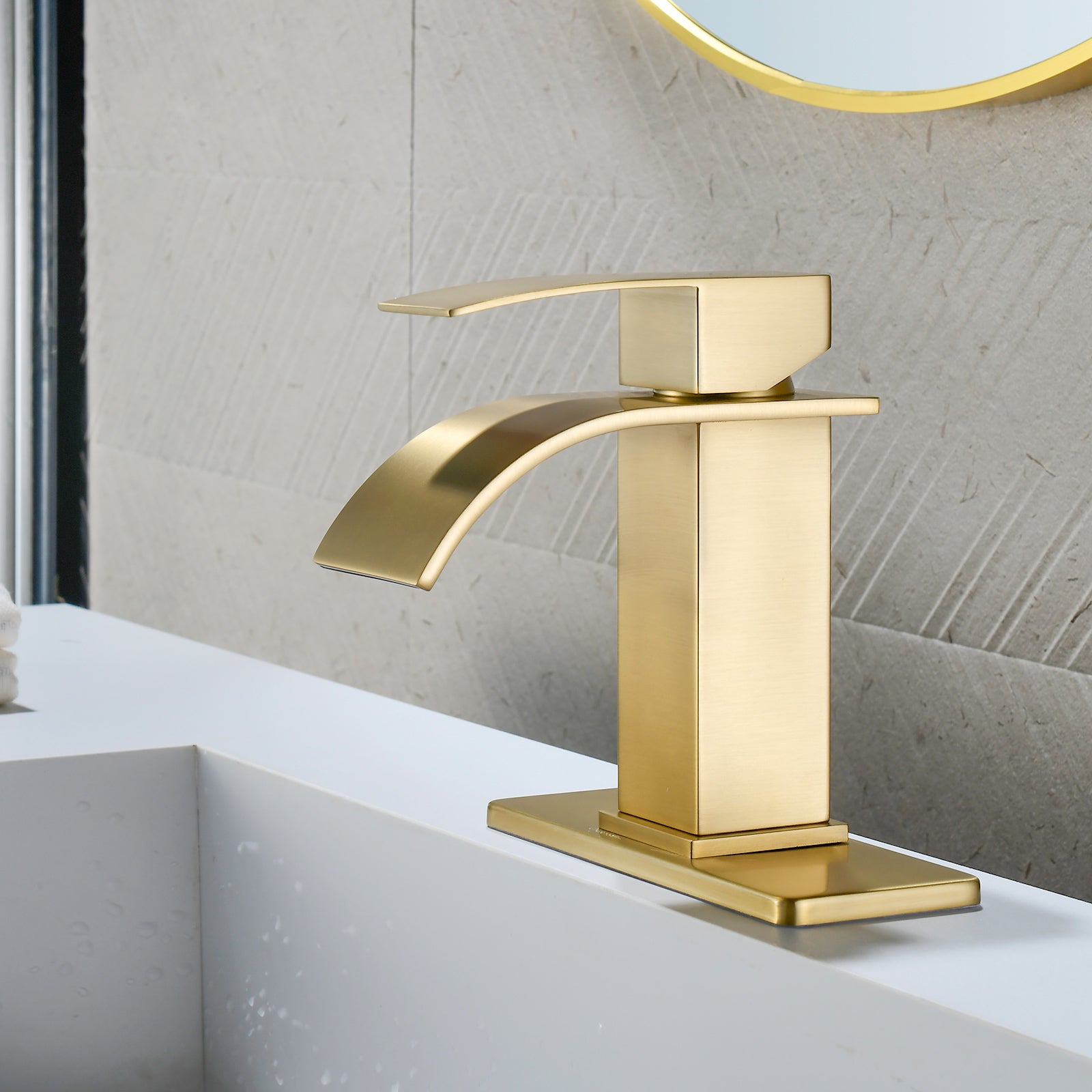 6"/12.5"H SUS304 Bathroom Sink Faucet with Flat Curved Waterfall Spout, Brushed Gold Finish and Drain Included