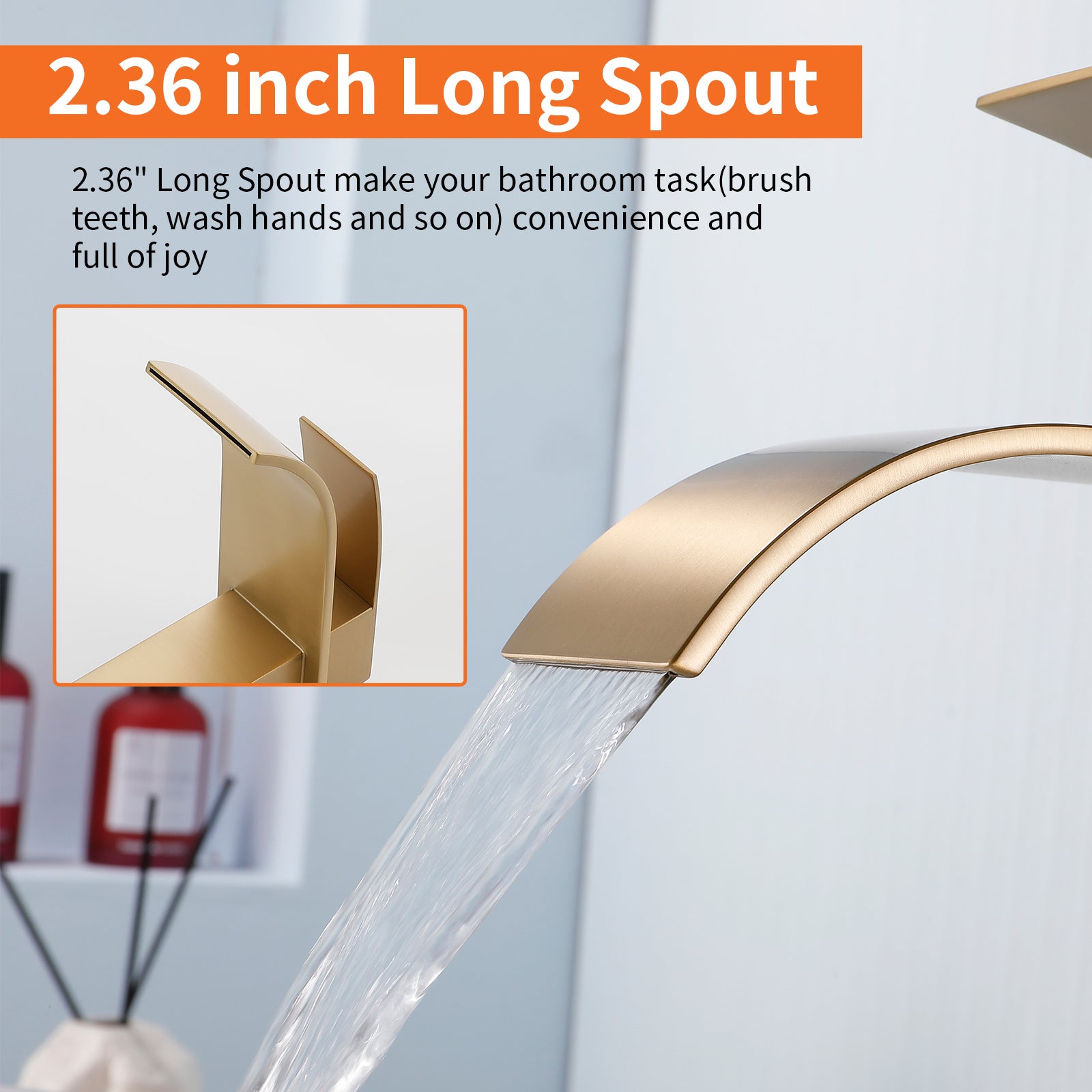 6"/12.5"H SUS304 Bathroom Sink Faucet with Flat Curved Waterfall Spout, Brushed Gold Finish and Drain Included