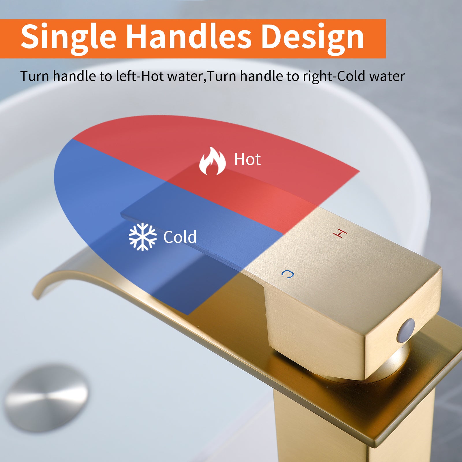 6"/12.5"H SUS304 Bathroom Sink Faucet with Flat Curved Waterfall Spout, Brushed Gold Finish and Drain Included
