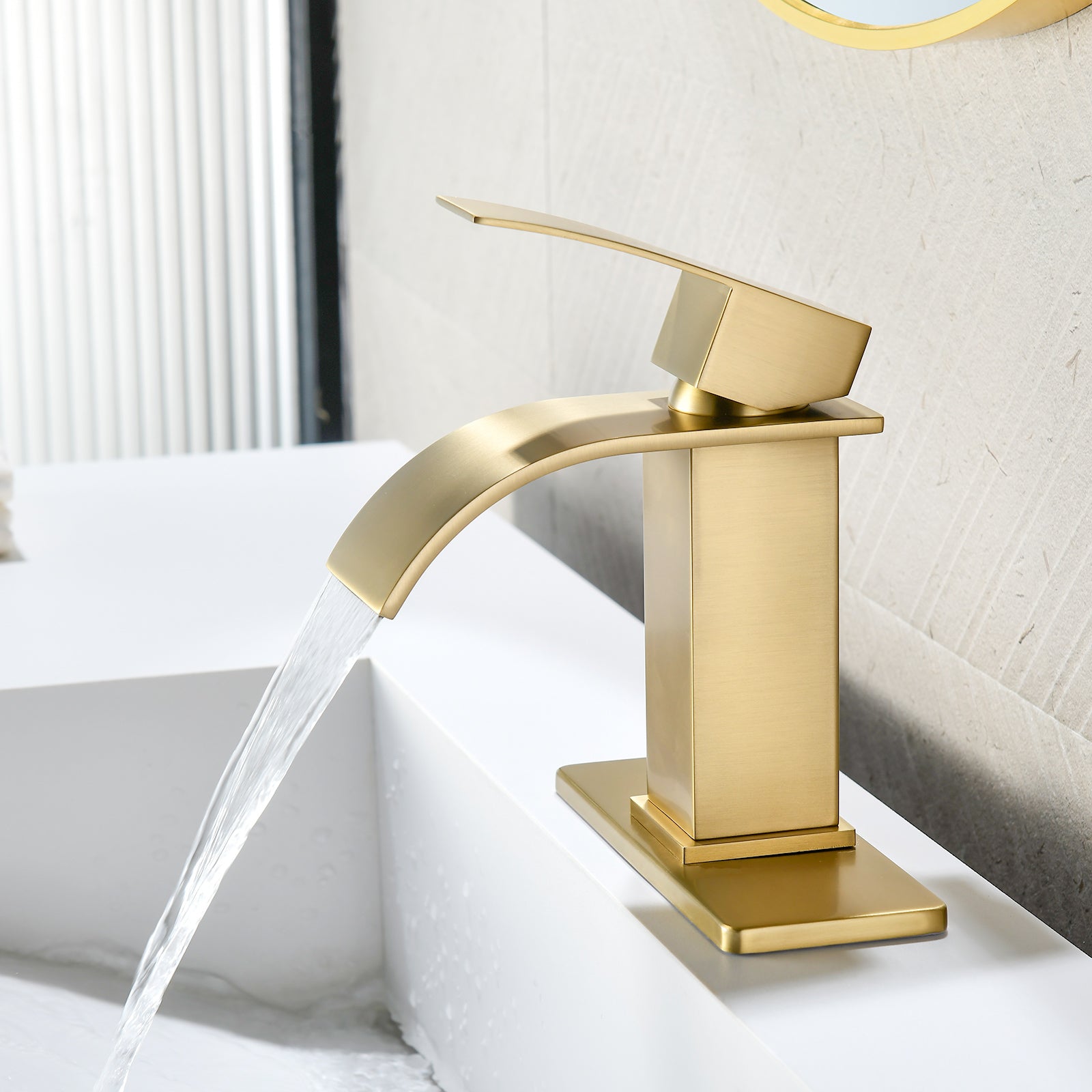 6"/12.5"H SUS304 Bathroom Sink Faucet with Flat Curved Waterfall Spout, Brushed Gold Finish and Drain Included