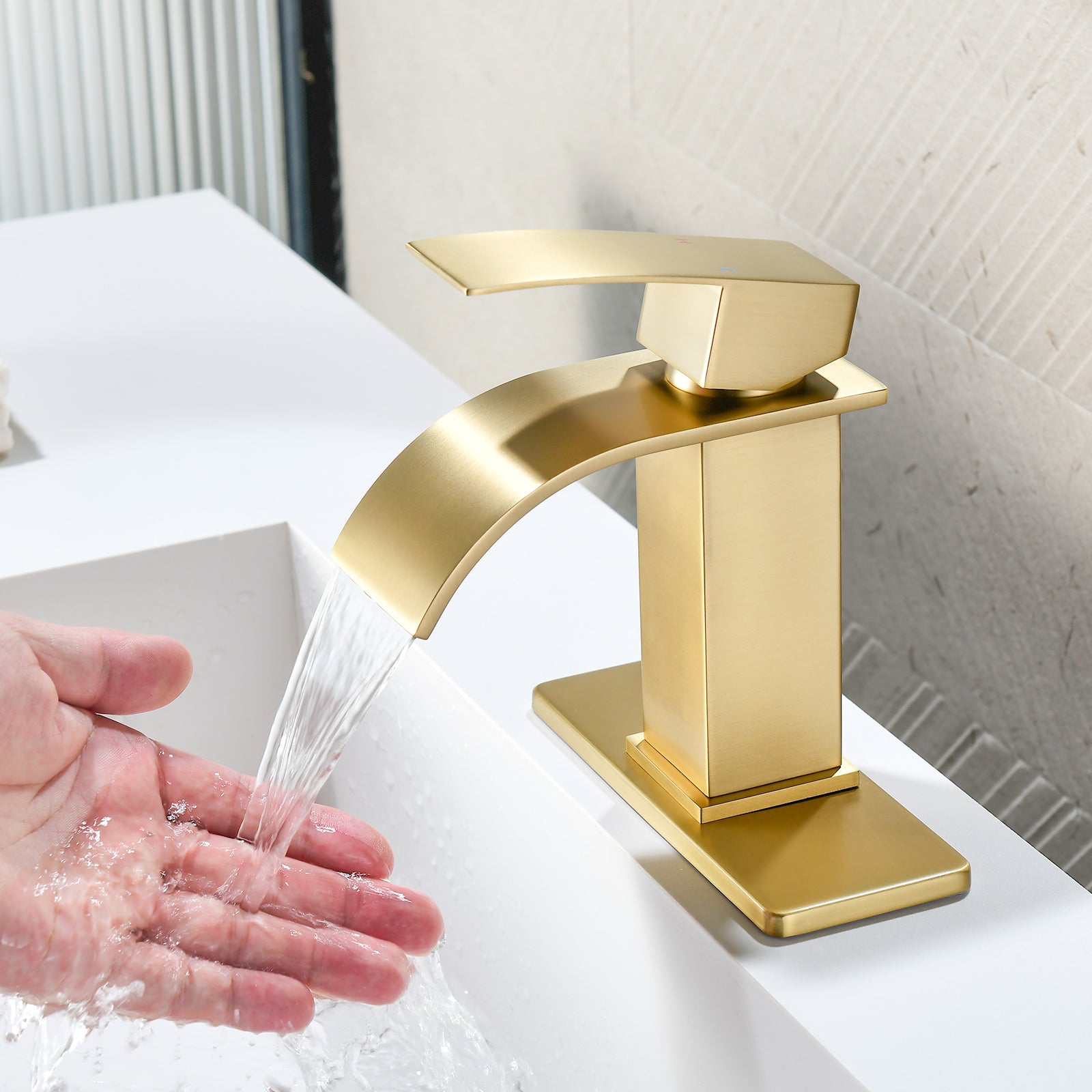 6"/12.5"H SUS304 Bathroom Sink Faucet with Flat Curved Waterfall Spout, Brushed Gold Finish and Drain Included
