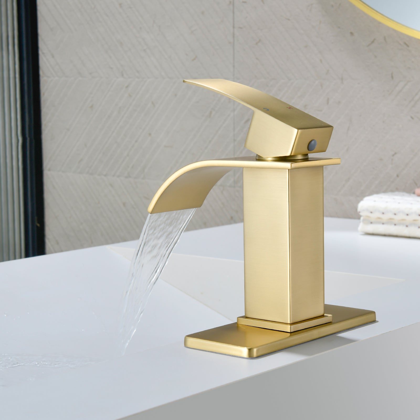 6"/12.5"H SUS304 Bathroom Sink Faucet with Flat Curved Waterfall Spout, Brushed Gold Finish and Drain Included