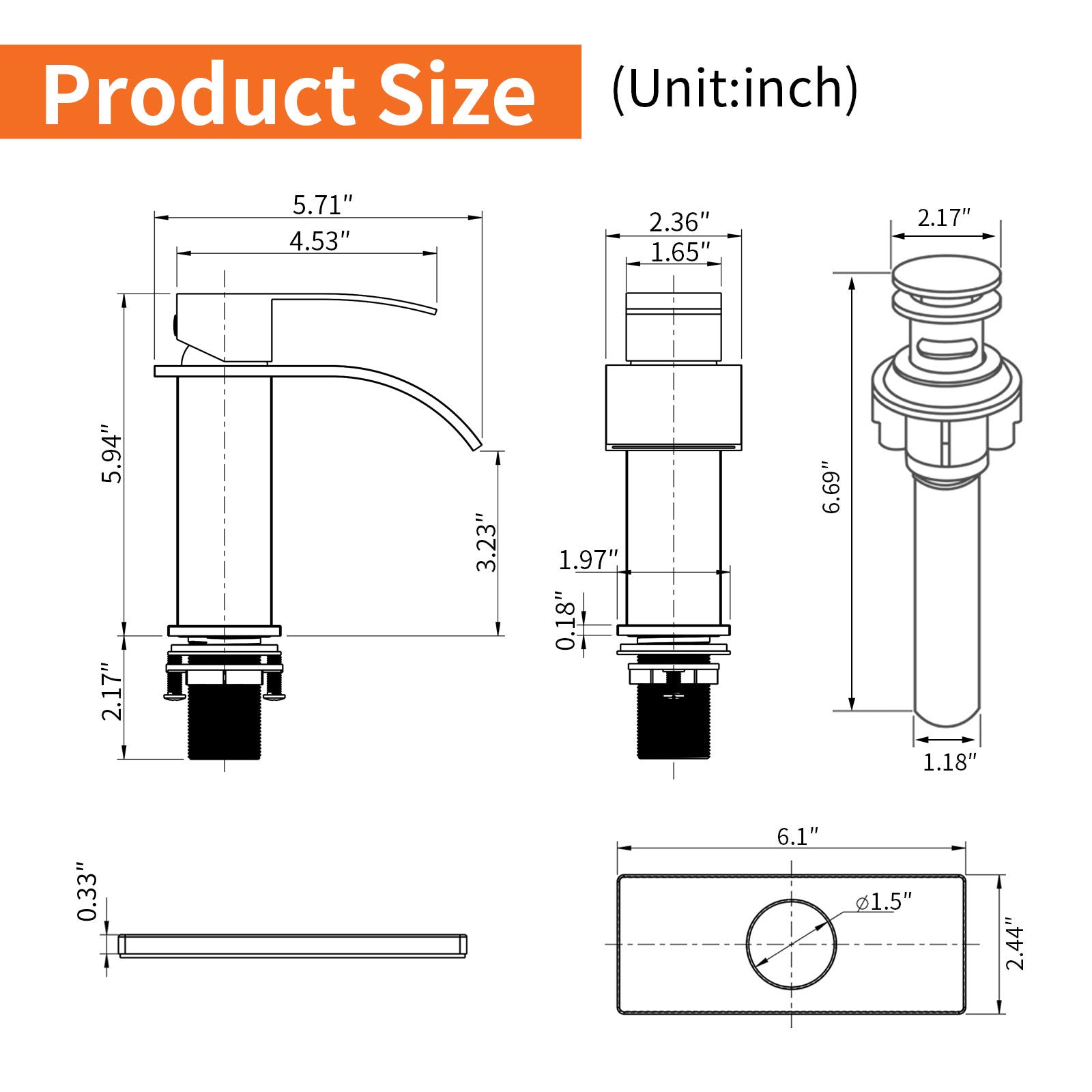 6"/12.5"H SUS304 Bathroom Sink Faucet with Flat Curved Waterfall Spout, Brushed Gold Finish and Drain Included