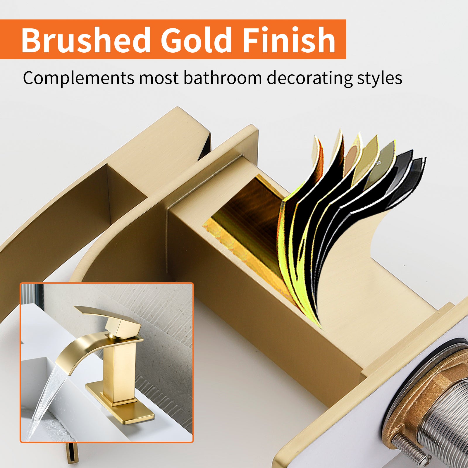 6"/12.5"H SUS304 Bathroom Sink Faucet with Flat Curved Waterfall Spout, Brushed Gold Finish and Drain Included
