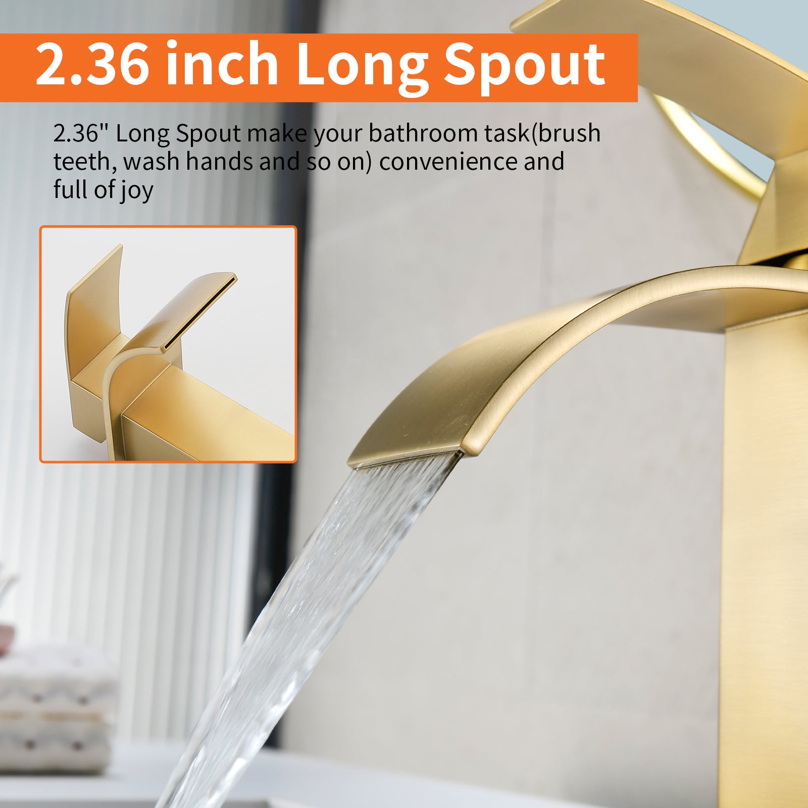 6"/12.5"H SUS304 Bathroom Sink Faucet with Flat Curved Waterfall Spout, Brushed Gold Finish and Drain Included