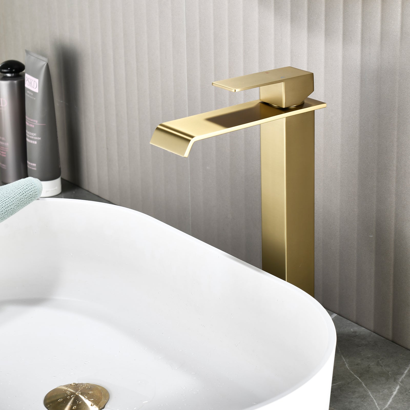6"/12.5"H SUS304 Bathroom Sink Faucet with Flat Waterfall Spout, Brushed Gold Finish and Drain Included