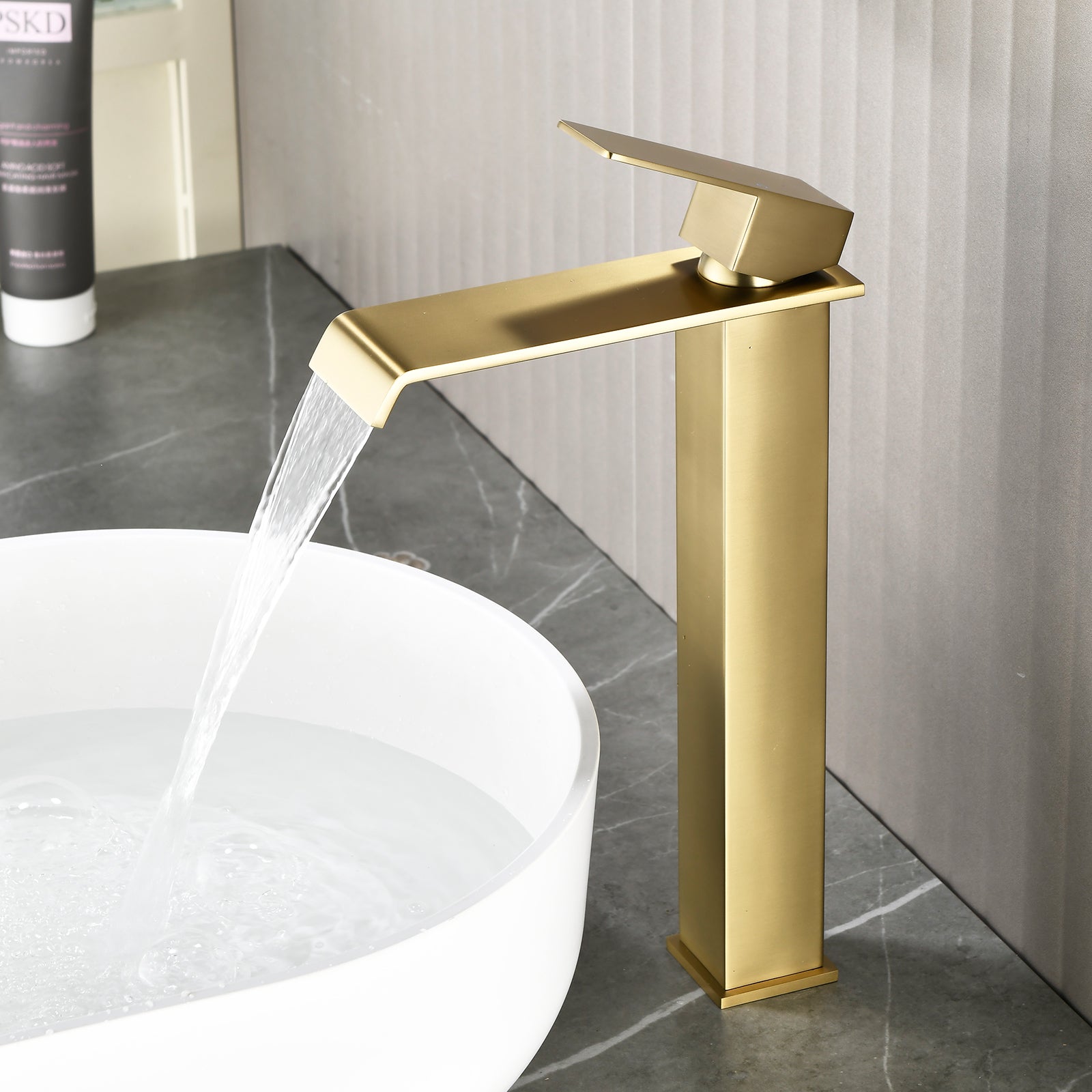 6"/12.5"H SUS304 Bathroom Sink Faucet with Flat Waterfall Spout, Brushed Gold Finish and Drain Included