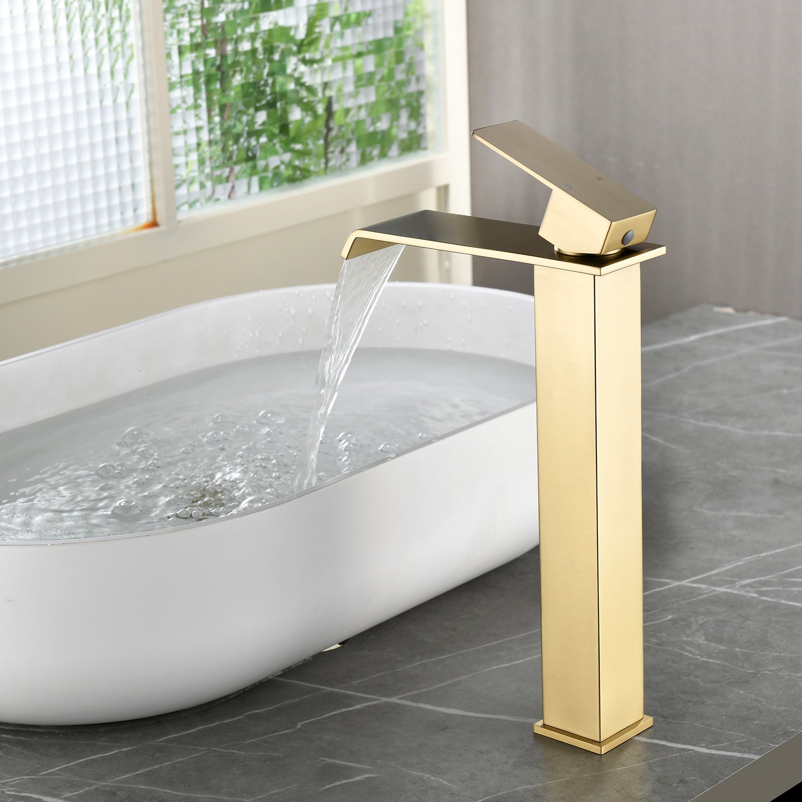 6"/12.5"H SUS304 Bathroom Sink Faucet with Flat Waterfall Spout, Brushed Gold Finish and Drain Included