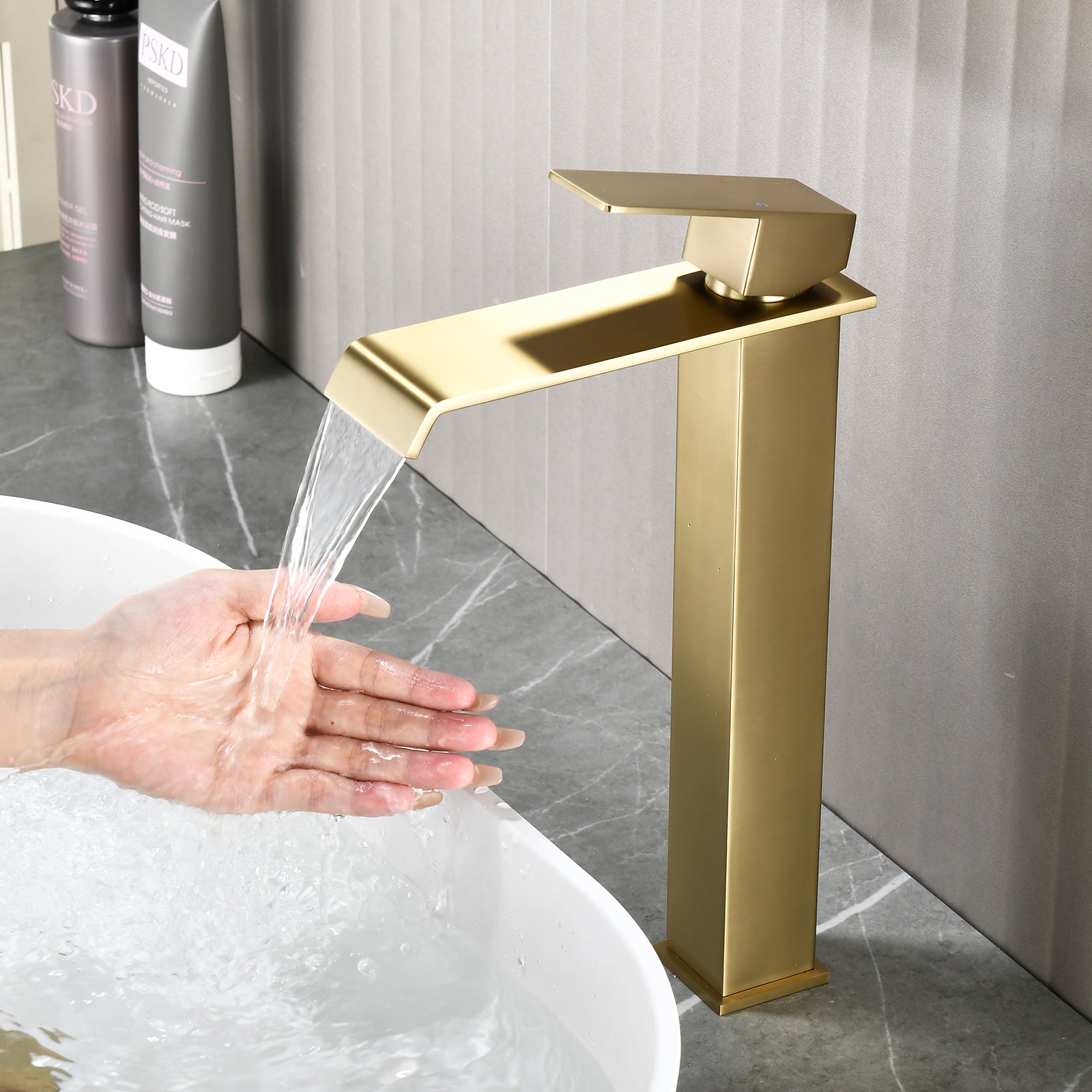 6"/12.5"H SUS304 Bathroom Sink Faucet with Flat Waterfall Spout, Brushed Gold Finish and Drain Included