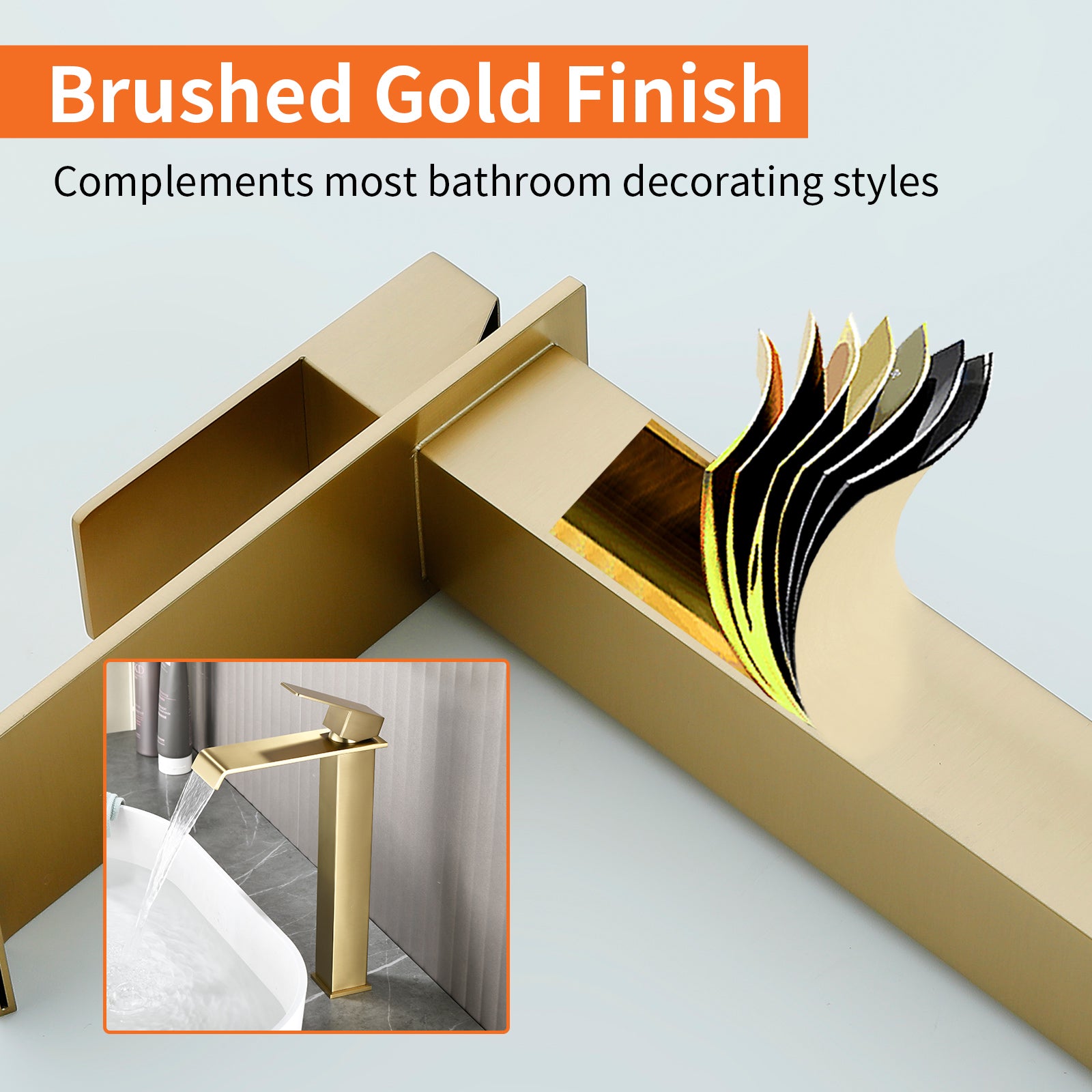 6"/12.5"H SUS304 Bathroom Sink Faucet with Flat Waterfall Spout, Brushed Gold Finish and Drain Included