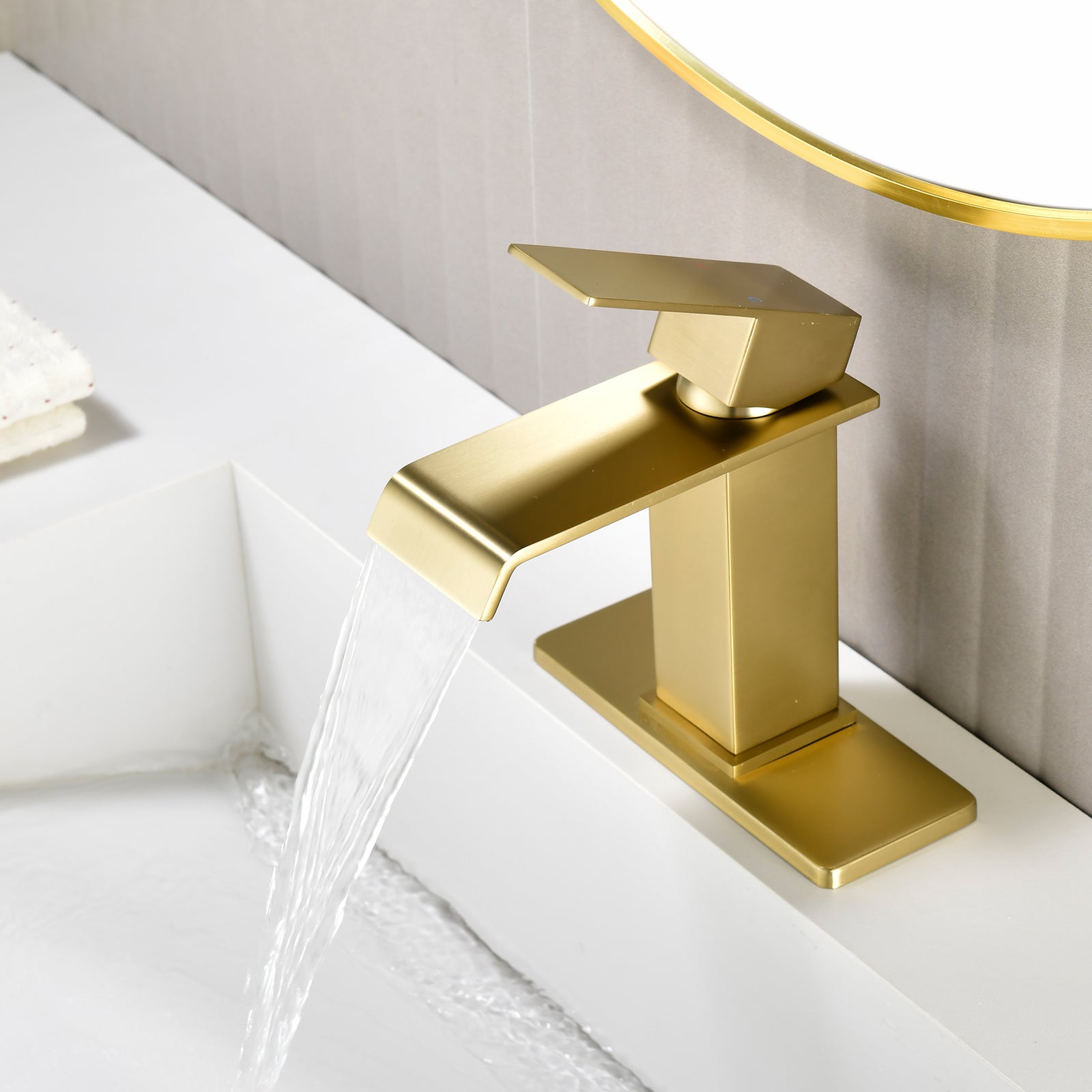 6"/12.5"H SUS304 Bathroom Sink Faucet with Flat Waterfall Spout, Brushed Gold Finish and Drain Included