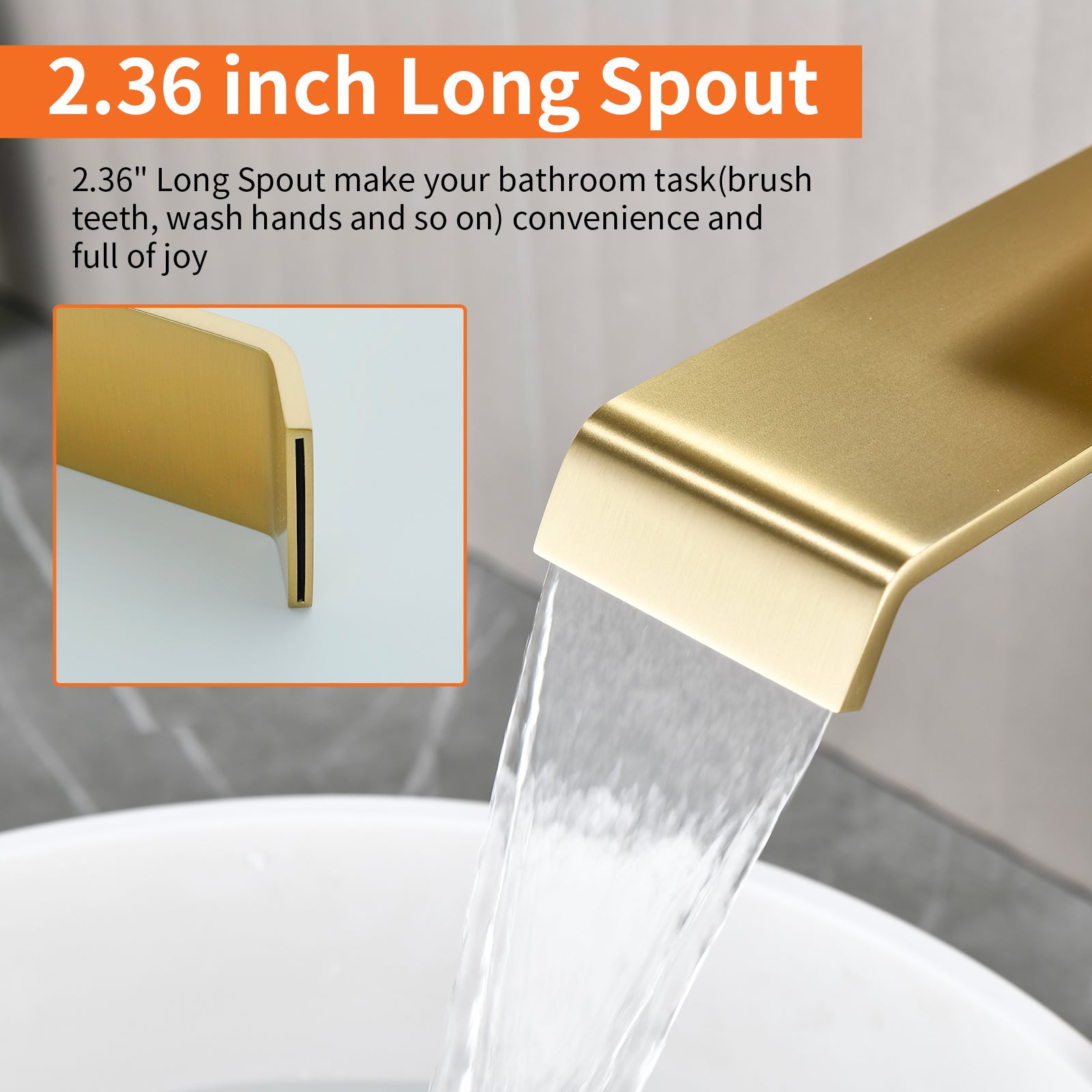 6"/12.5"H SUS304 Bathroom Sink Faucet with Flat Waterfall Spout, Brushed Gold Finish and Drain Included